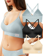 4Leezy Sports Bras for Women - 3 Pack Ribbed Wireless Soft Workout Tops Padded Bralettes Racerback Comfort Cami Crop S-XXL