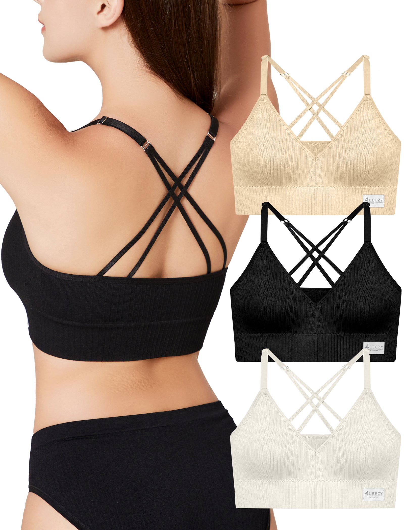 4Leezy Sports Bras for Women - 3 Pack Ribbed Wireless Soft Workout Tops Padded Bralettes Racerback Comfort Cami Crop S-XXL