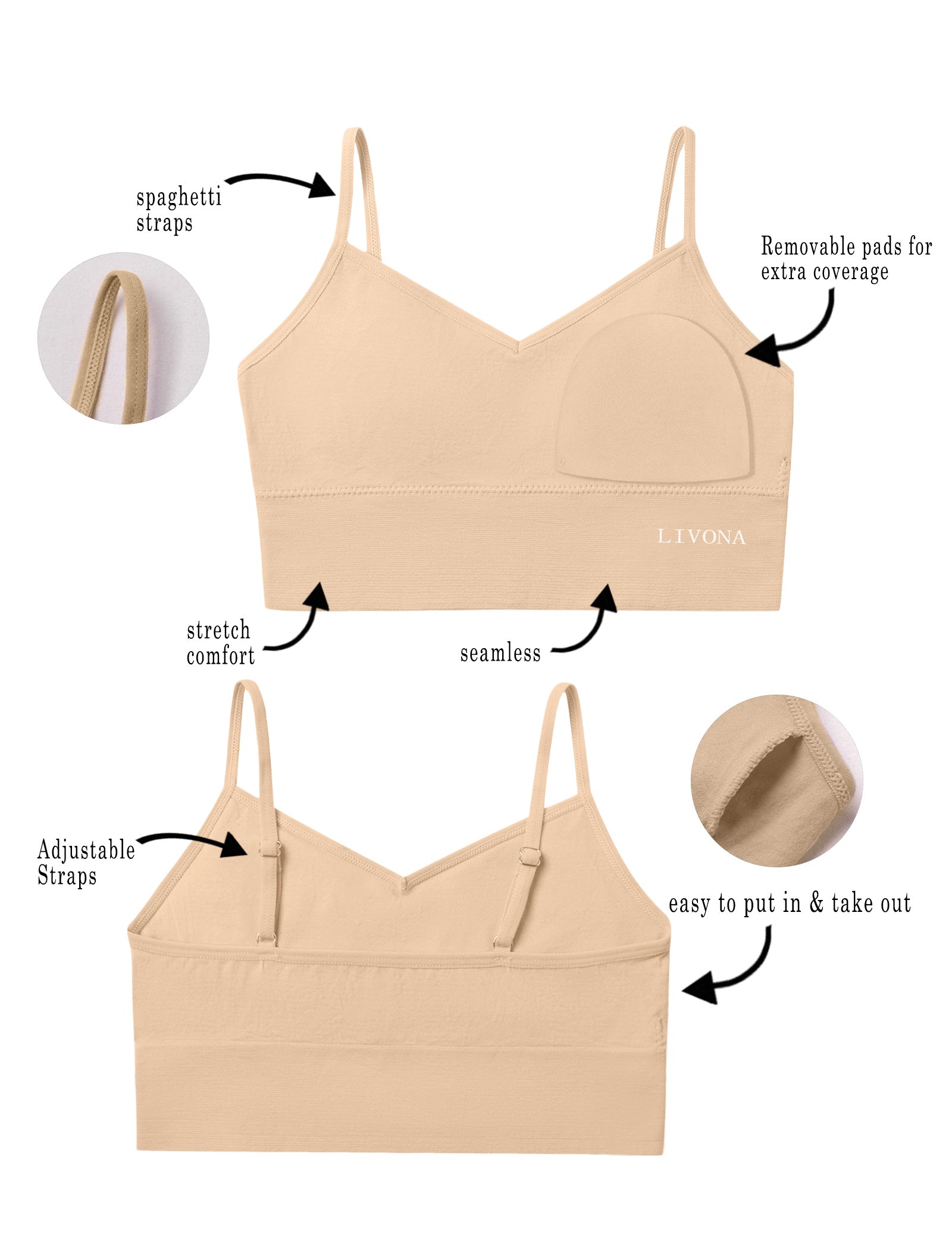 Livona 3 Pack Training Bras for Girls-Sports Bra, Fitness Bra, Padded Everyday Bra Bralette,Crop Cami Tank Top (6-14)