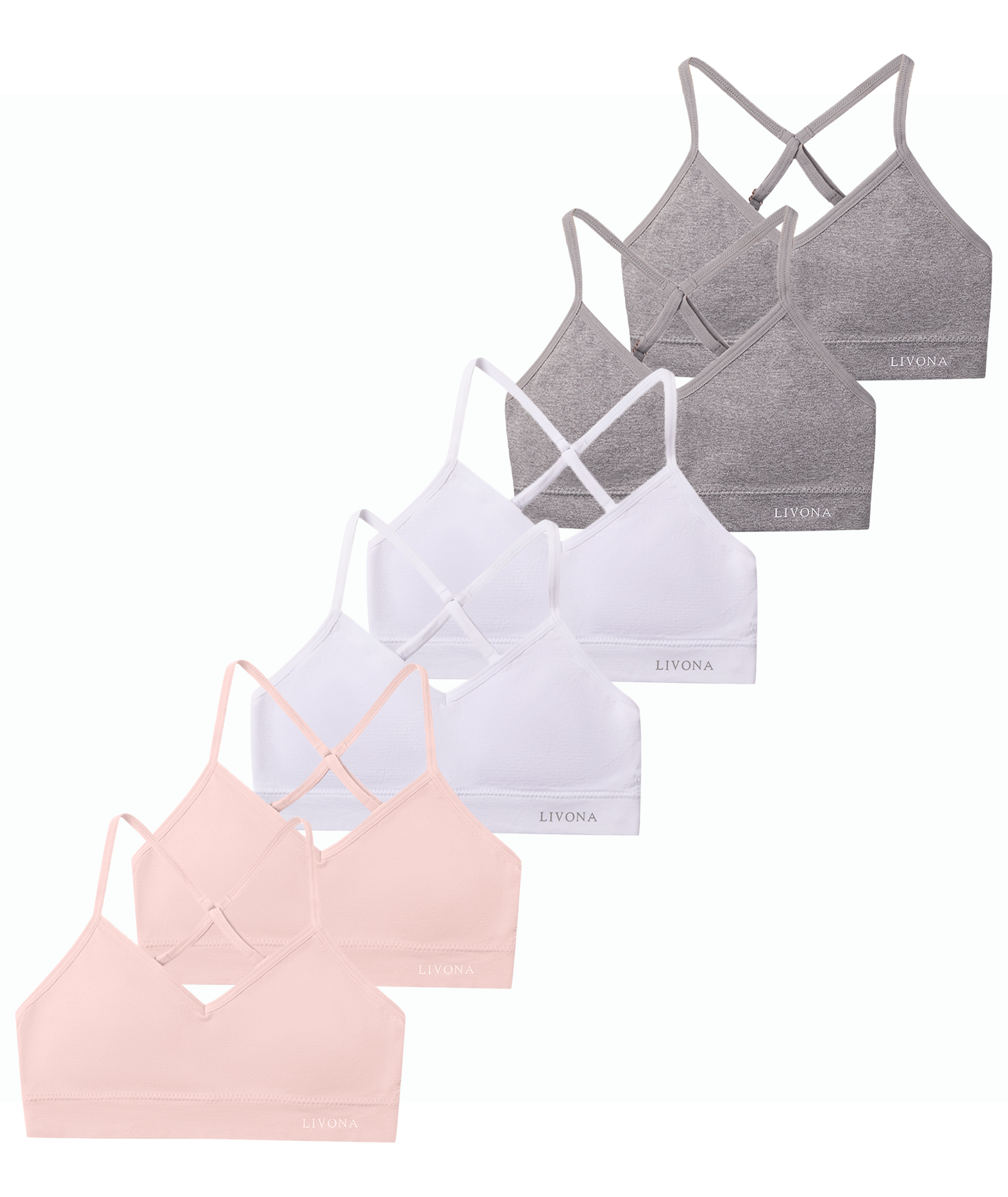 Livona Racerback Training Bra for Girls- 6 Pack Seamless Sports Bra, Padded Everyday Bra Bralette,Crop Cami Tank Top (6-14)
