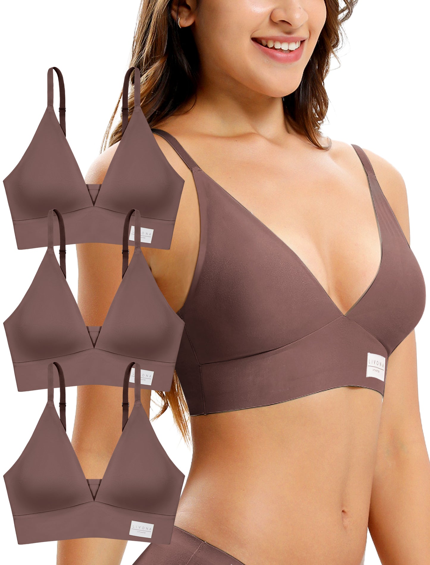 Livona 3 Pack Women's Seamless Sports Bra Vneck Wirefree with Removable Pads Everyday Soft Invisible Lounge Cami Bralette S-XXL