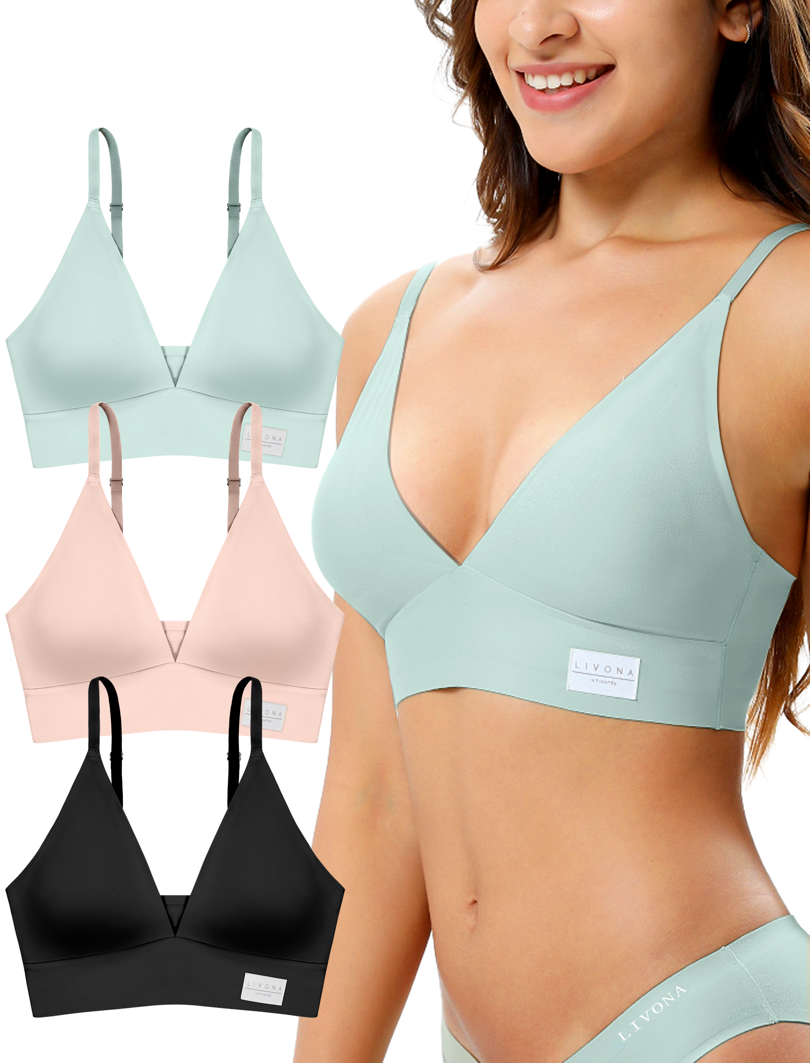 Livona 3 Pack Women's Seamless Sports Bra Vneck Wirefree with Removable Pads Everyday Soft Invisible Lounge Cami Bralette S-XXL