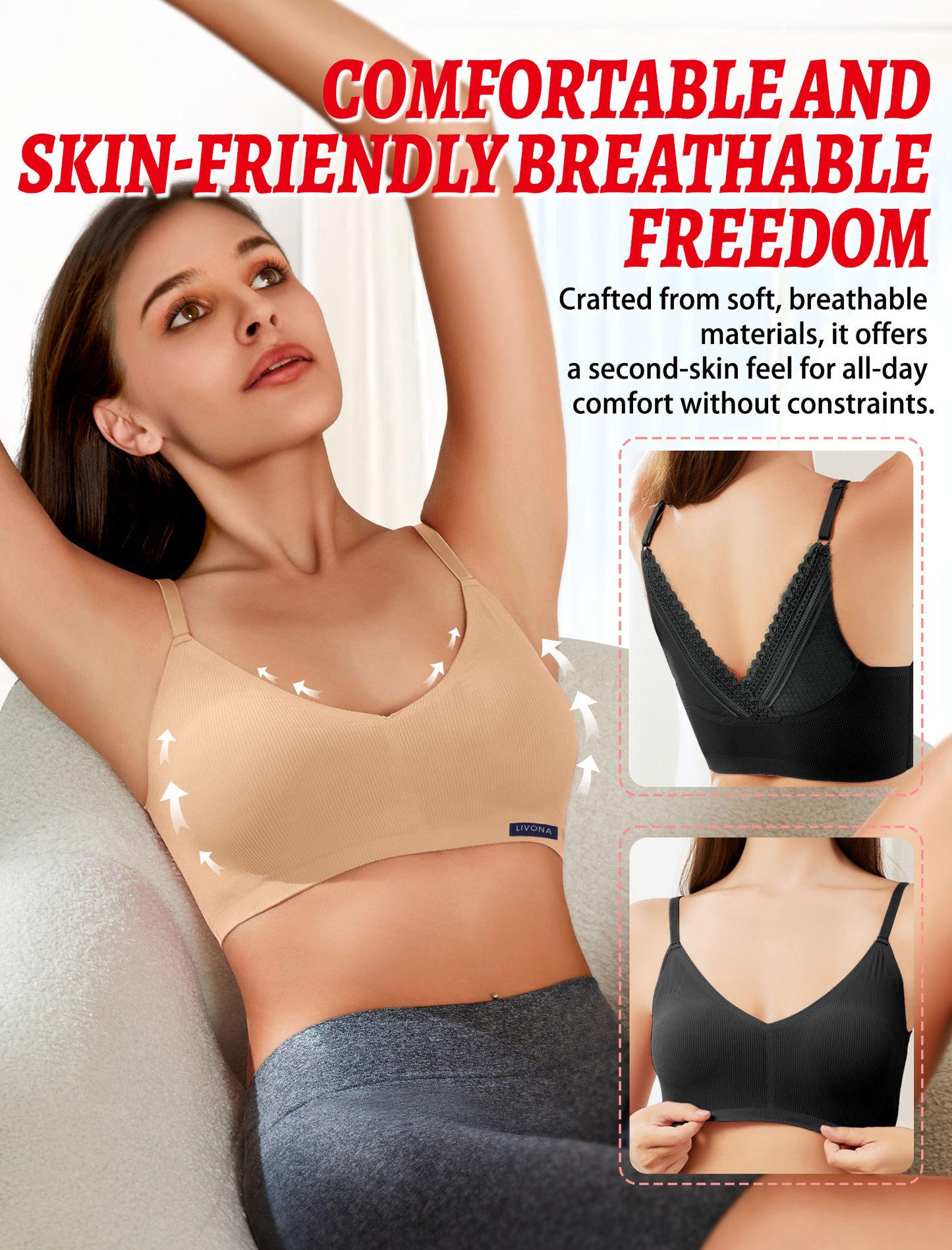 Livona Lace Bralette for Women - Comfort Sports Bra Wireless Padded Bralette with Support Workout Tops Cami Crop S-XXL