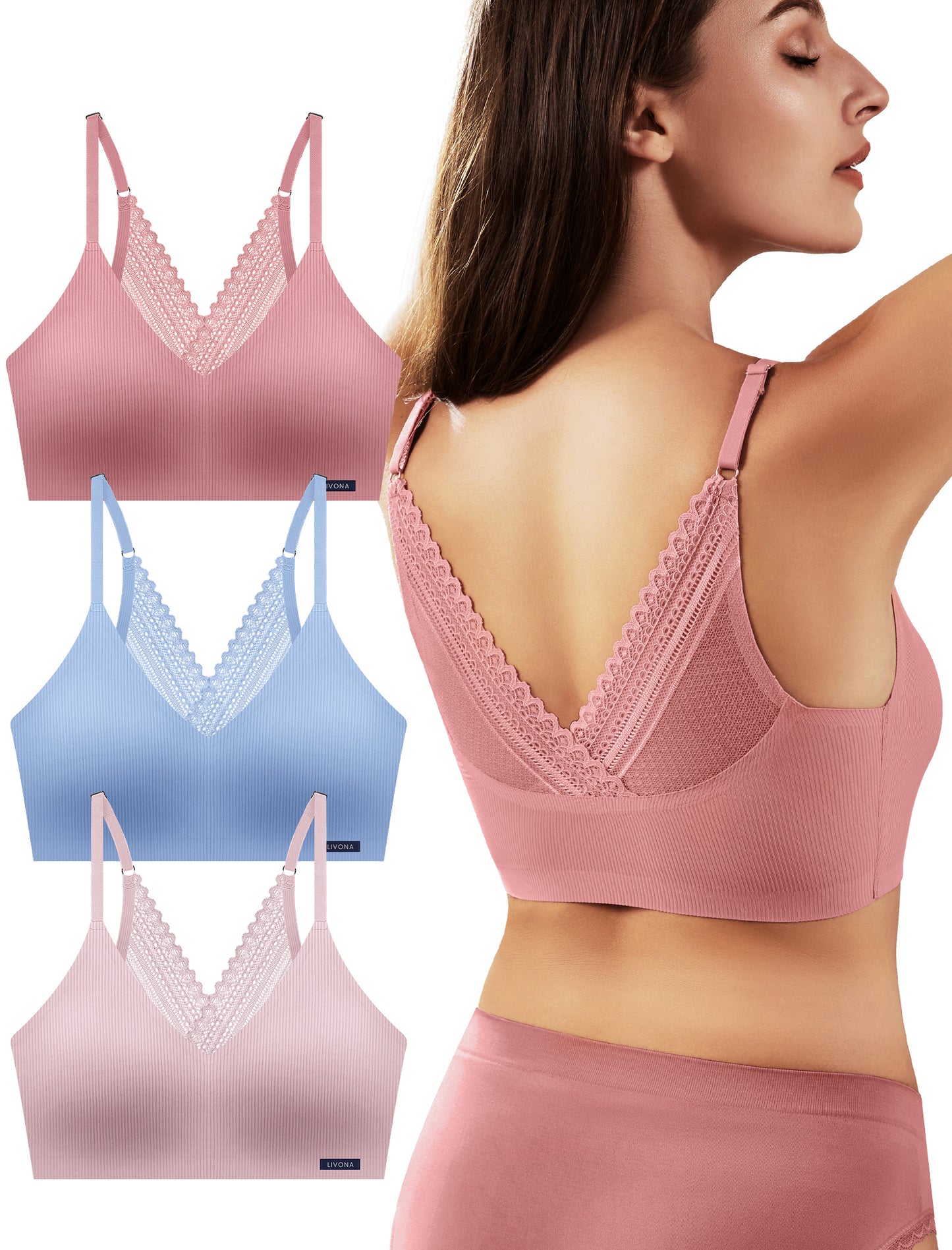 Livona Lace Bralette for Women - Comfort Sports Bra Wireless Padded Bralette with Support Workout Tops Cami Crop S-XXL