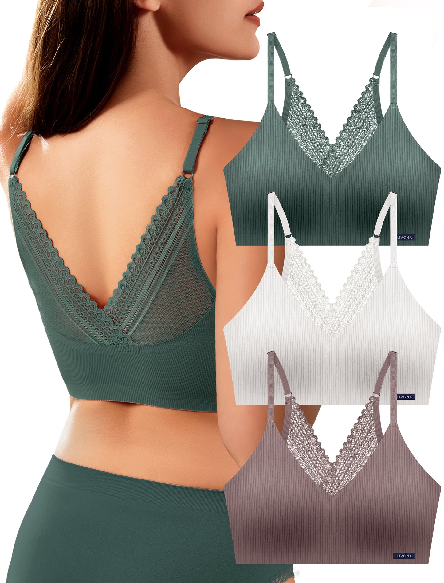 Livona Lace Bralette for Women - Comfort Sports Bra Wireless Padded Bralette with Support Workout Tops Cami Crop S-XXL