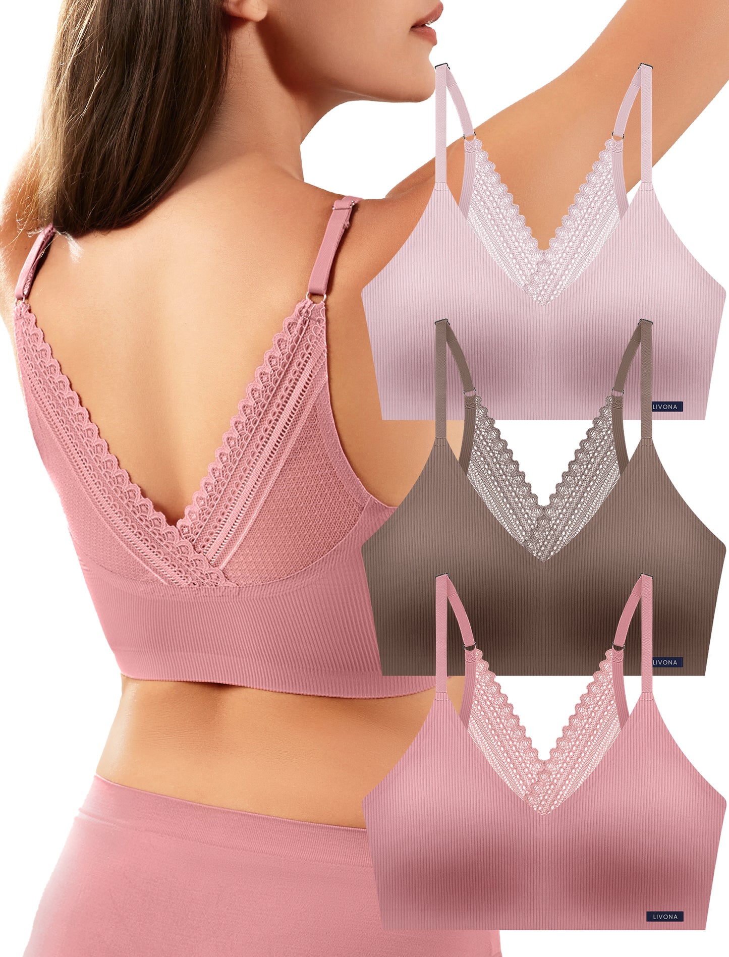 Livona Lace Bralette for Women - Comfort Sports Bra Wireless Padded Bralette with Support Workout Tops Cami Crop S-XXL