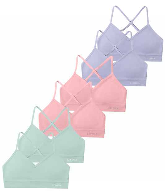 Livona Racerback Training Bra for Girls- 6 Pack Seamless Sports Bra, Padded Everyday Bra Bralette,Crop Cami Tank Top (6-14)