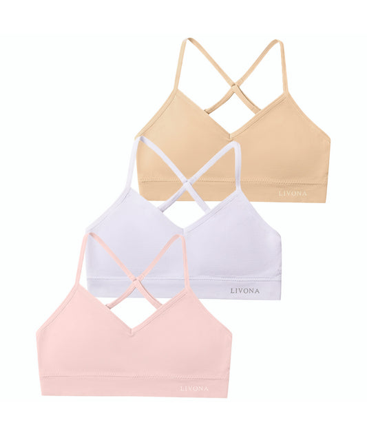 Livona Racerback Training Bra for Girls- 3 Pack Seamless Sports Bra, Padded Everyday Bra Bralette,Crop Cami Tank Top (6-14)