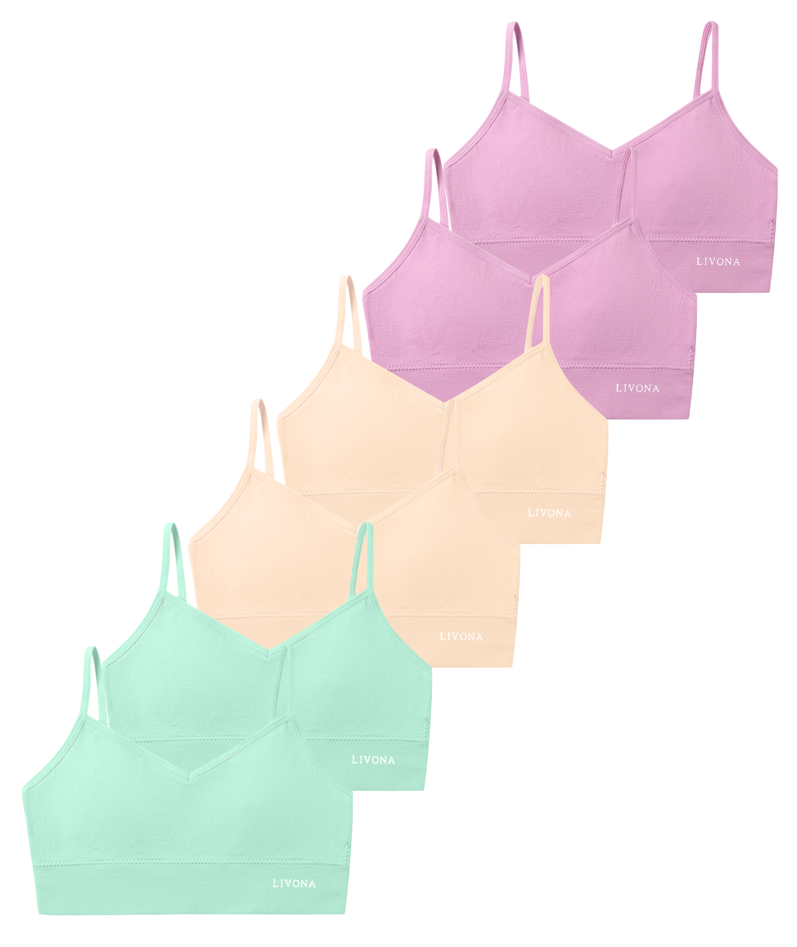 Livona 6 Pack Training Bras for Girls-Sports Bra, Fitness Bra, Padded Everyday Bra Bralette,Crop Cami Tank Top (6-14)