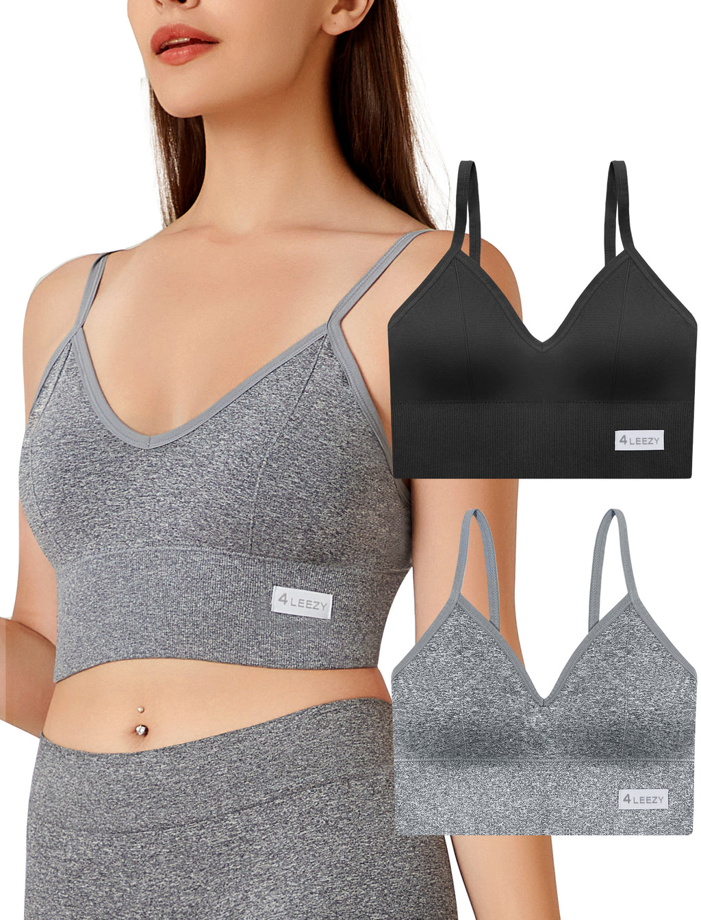 4Leezy 2 Pack Sports Bras for Women- Wireless Soft Workout Tops, Padded Seamless Fitness Bralettes, Adjustable Comfort Crop Cami Tank S-XXL