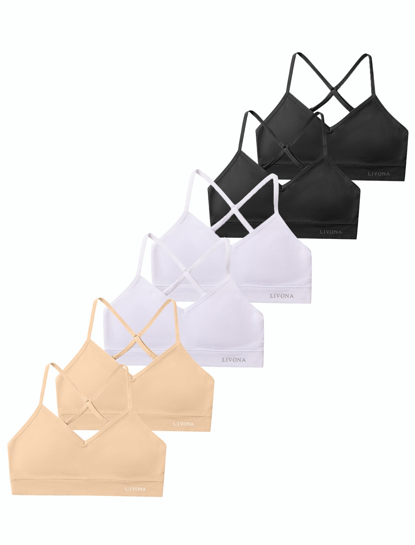 Livona Racerback Training Bra for Girls- 6 Pack Seamless Sports Bra, Padded Everyday Bra Bralette,Crop Cami Tank Top (6-14)