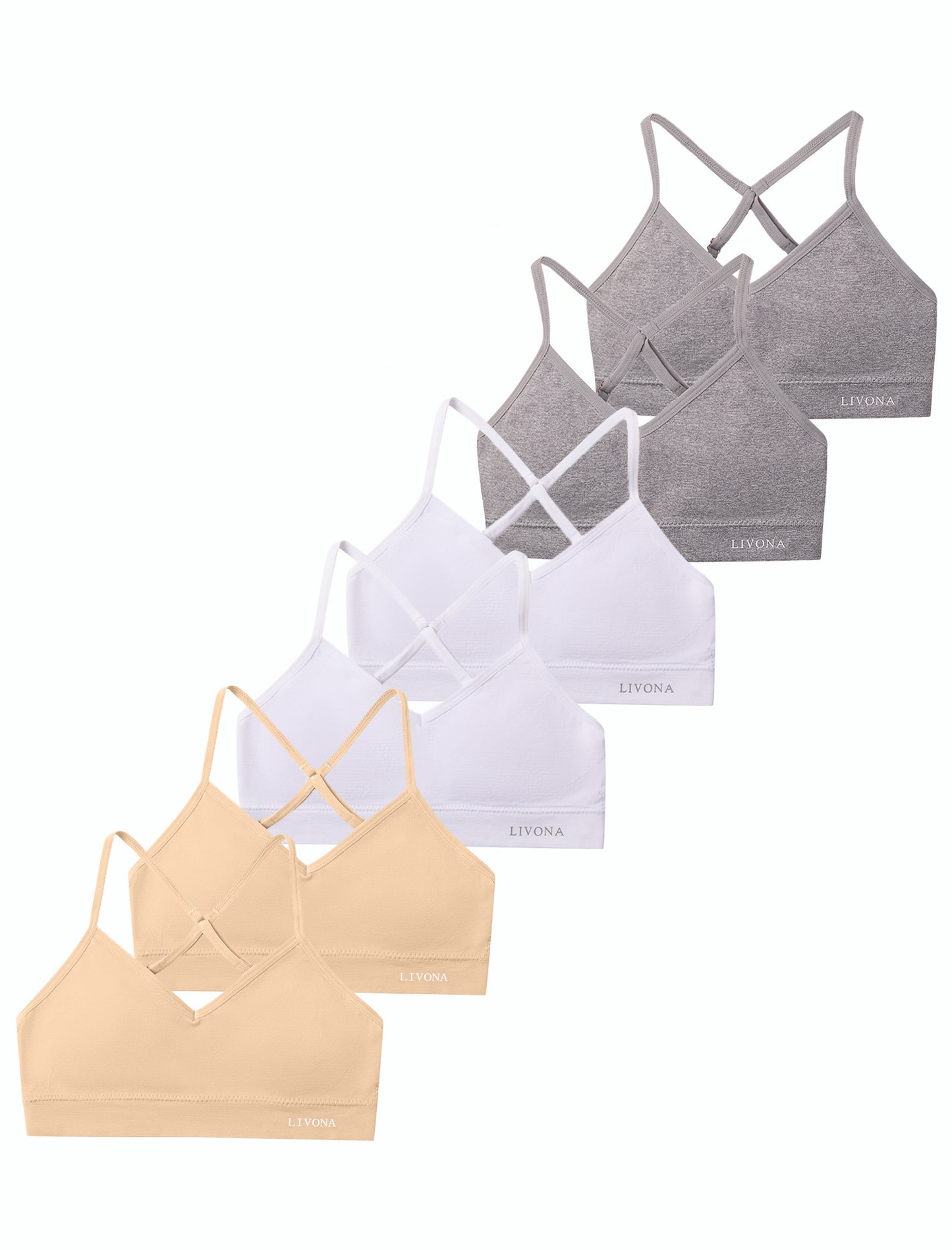 Livona Racerback Training Bra for Girls- 6 Pack Seamless Sports Bra, Padded Everyday Bra Bralette,Crop Cami Tank Top (6-14)
