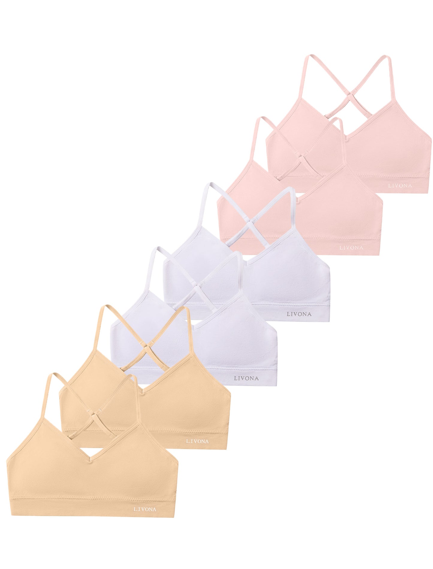 Livona Racerback Training Bra for Girls- 6 Pack Seamless Sports Bra, Padded Everyday Bra Bralette,Crop Cami Tank Top (6-14)