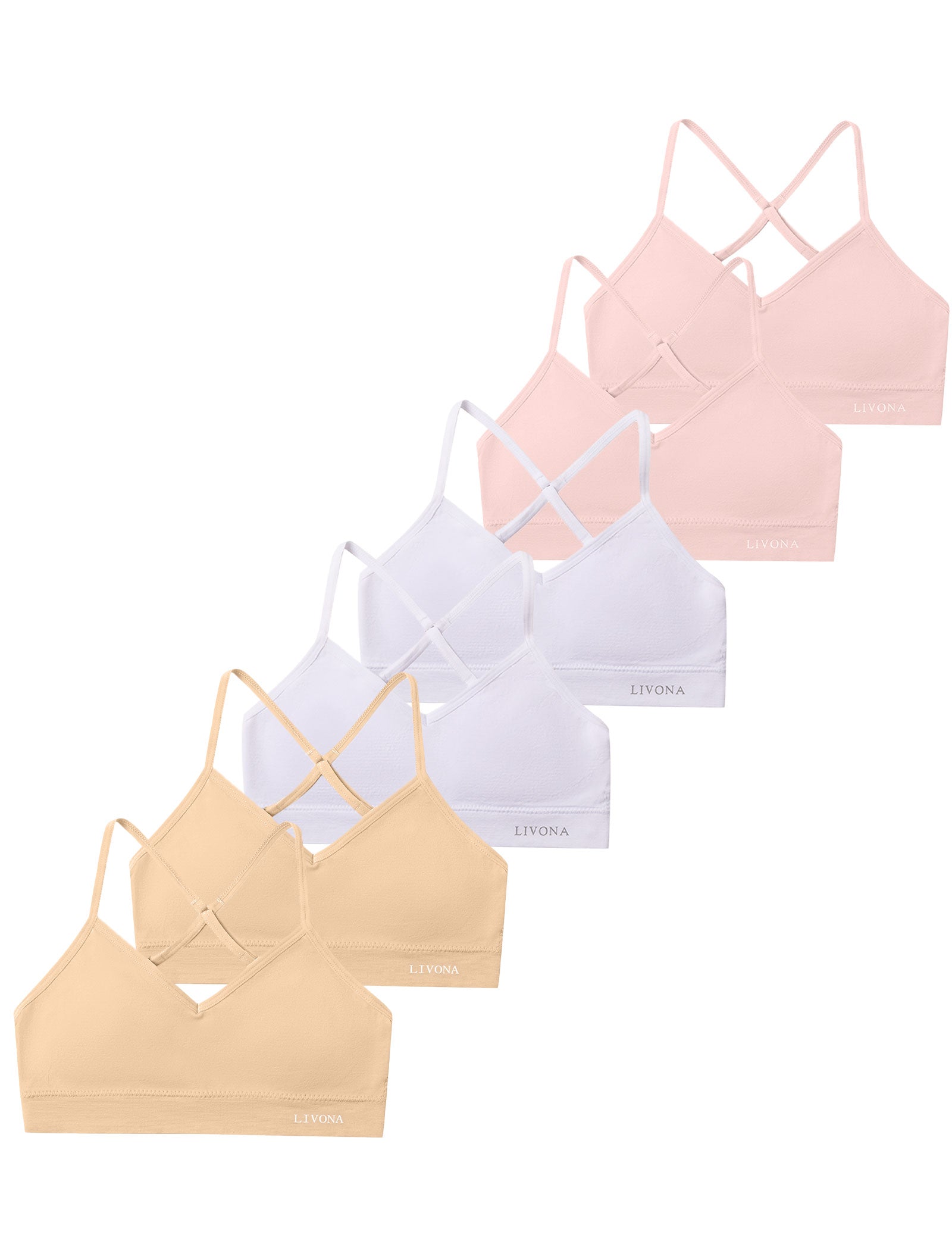 Livona Racerback Training Bra for Girls- 6 Pack Seamless Sports Bra, Padded Everyday Bra Bralette,Crop Cami Tank Top (6-14)