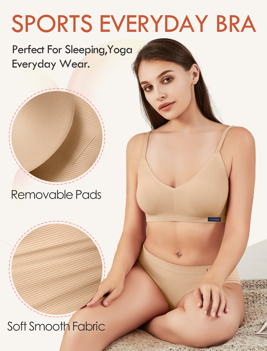 Livona Wireless Bras for Women - 2 Pack Comfort Bralettes with Support Adjustable Seamless Sports Bras Lace Cami Crop S-XXL