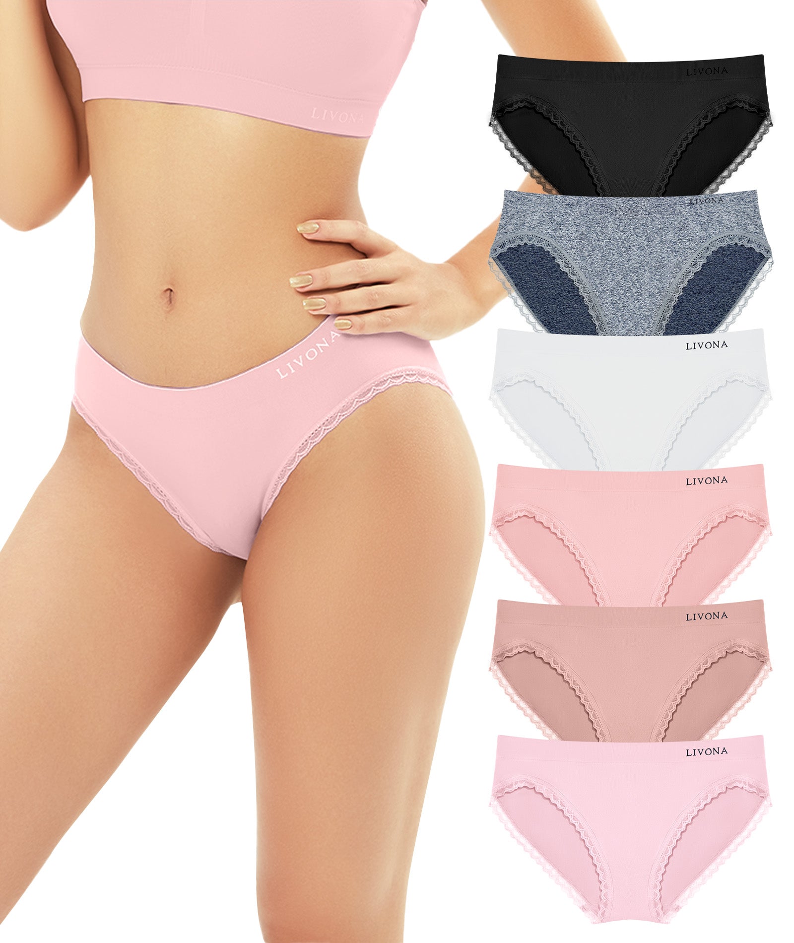 Livona 6 Pack Women's Seamless Underwear with lace-Breathable High Cut Bikini NoShow Panty Soft Stretch Brief Invisible Hipster