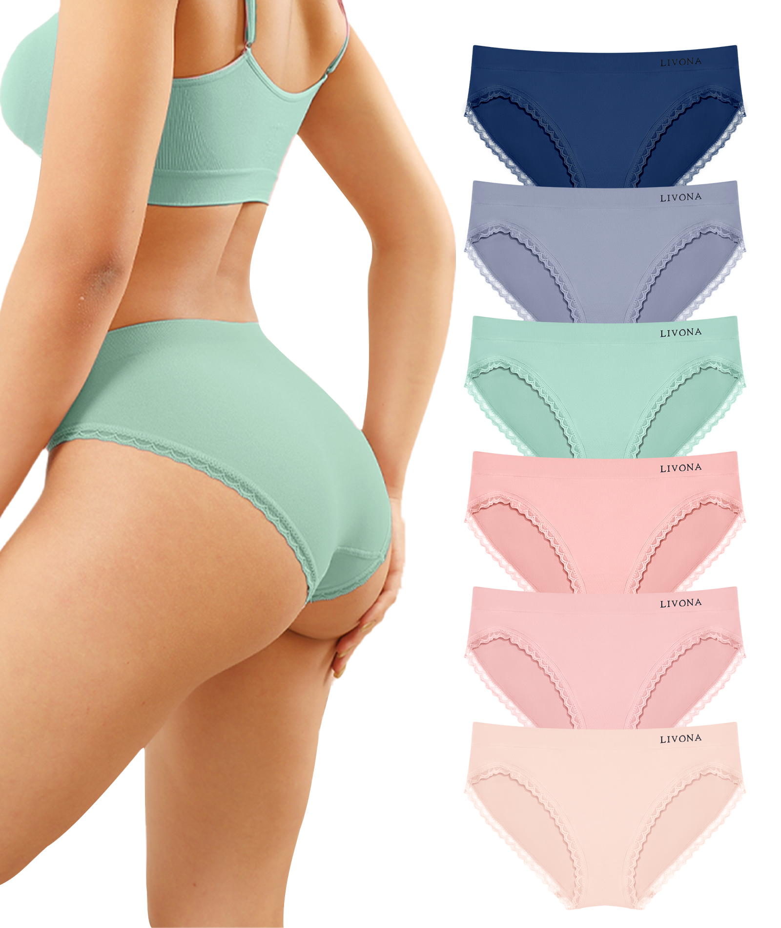Livona 6 Pack Women's Seamless Underwear with lace-Breathable High Cut Bikini NoShow Panty Soft Stretch Brief Invisible Hipster