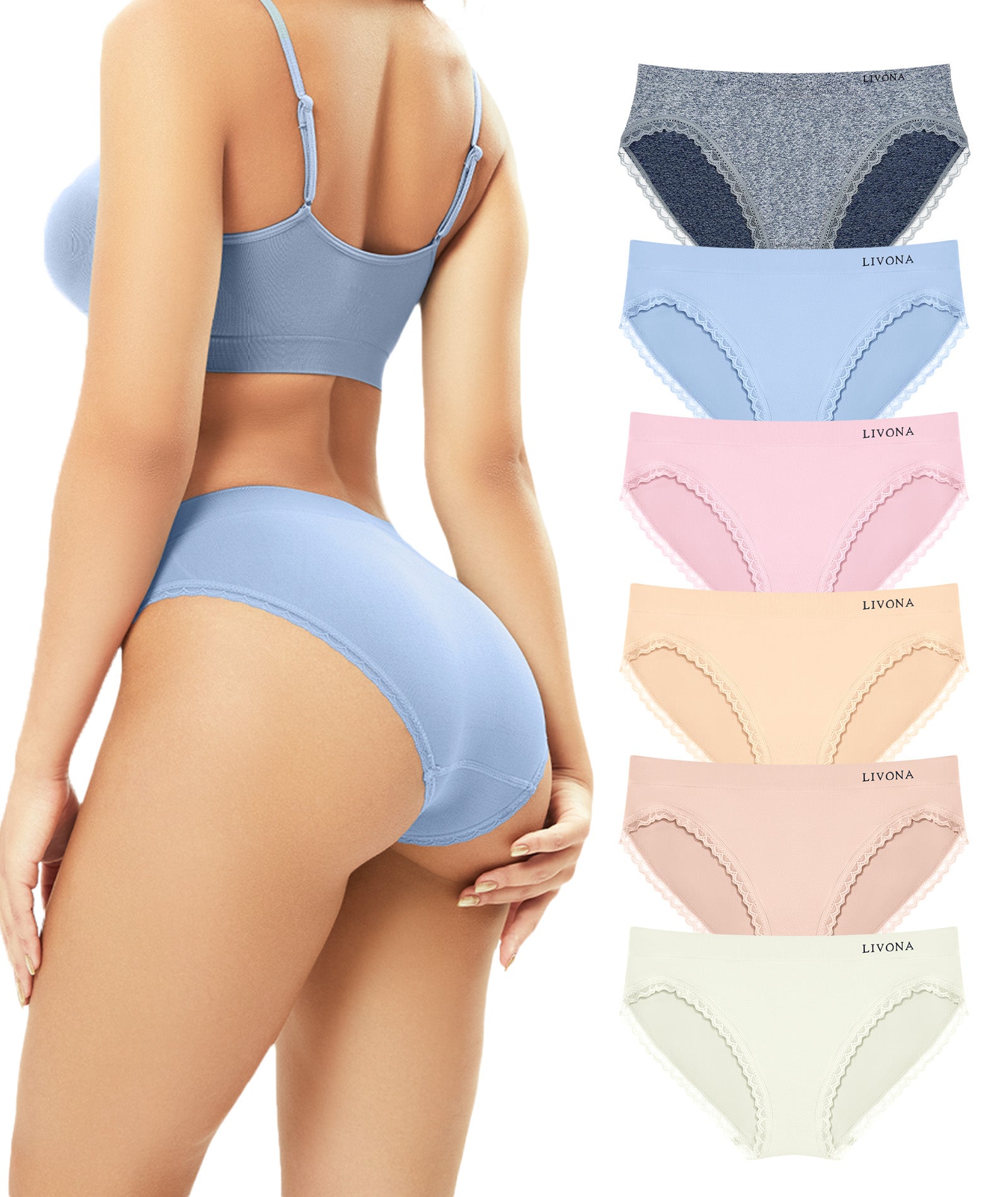 Livona 6 Pack Women's Seamless Underwear with lace-Breathable High Cut Bikini NoShow Panty Soft Stretch Brief Invisible Hipster