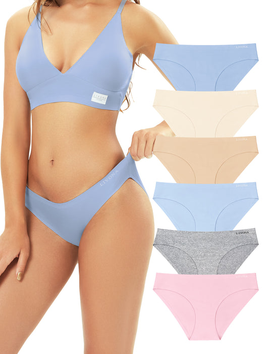 Livona 6 Pack Seamless Womens Underwear - High Cut Cheeky Bikini Bottoms, No Show Panties for Women, Soft Hipster S-XXL