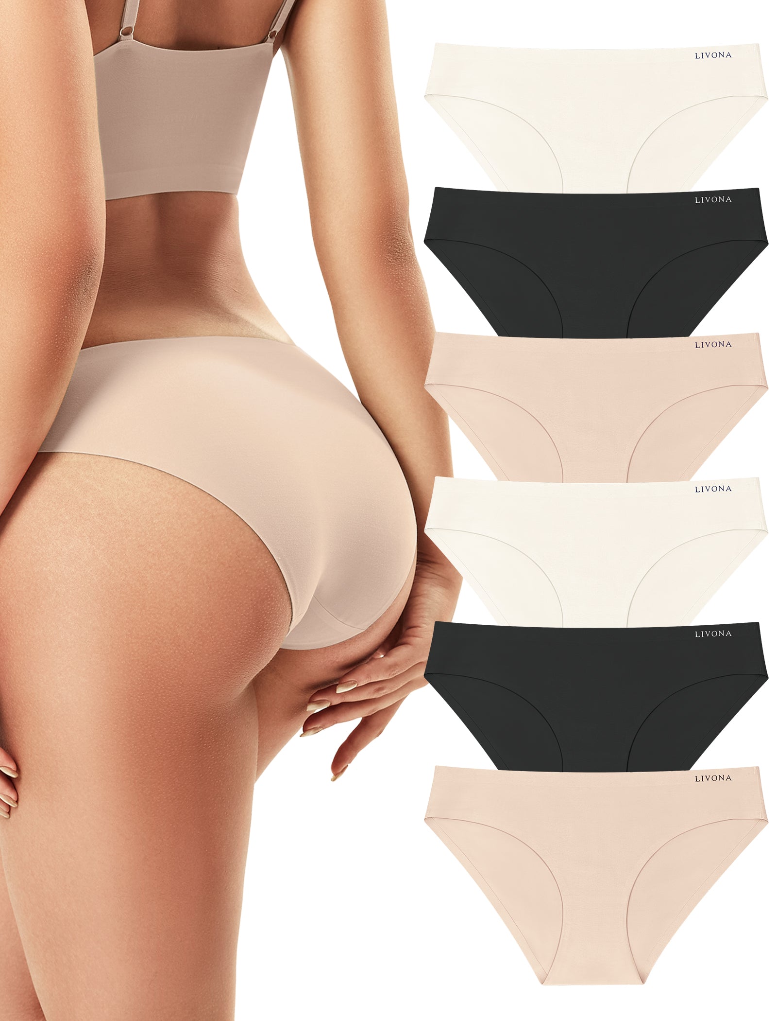 Livona 6 Pack Seamless Womens Underwear - High Cut Cheeky Bikini Bottoms, No Show Panties for Women, Soft Hipster S-XXL