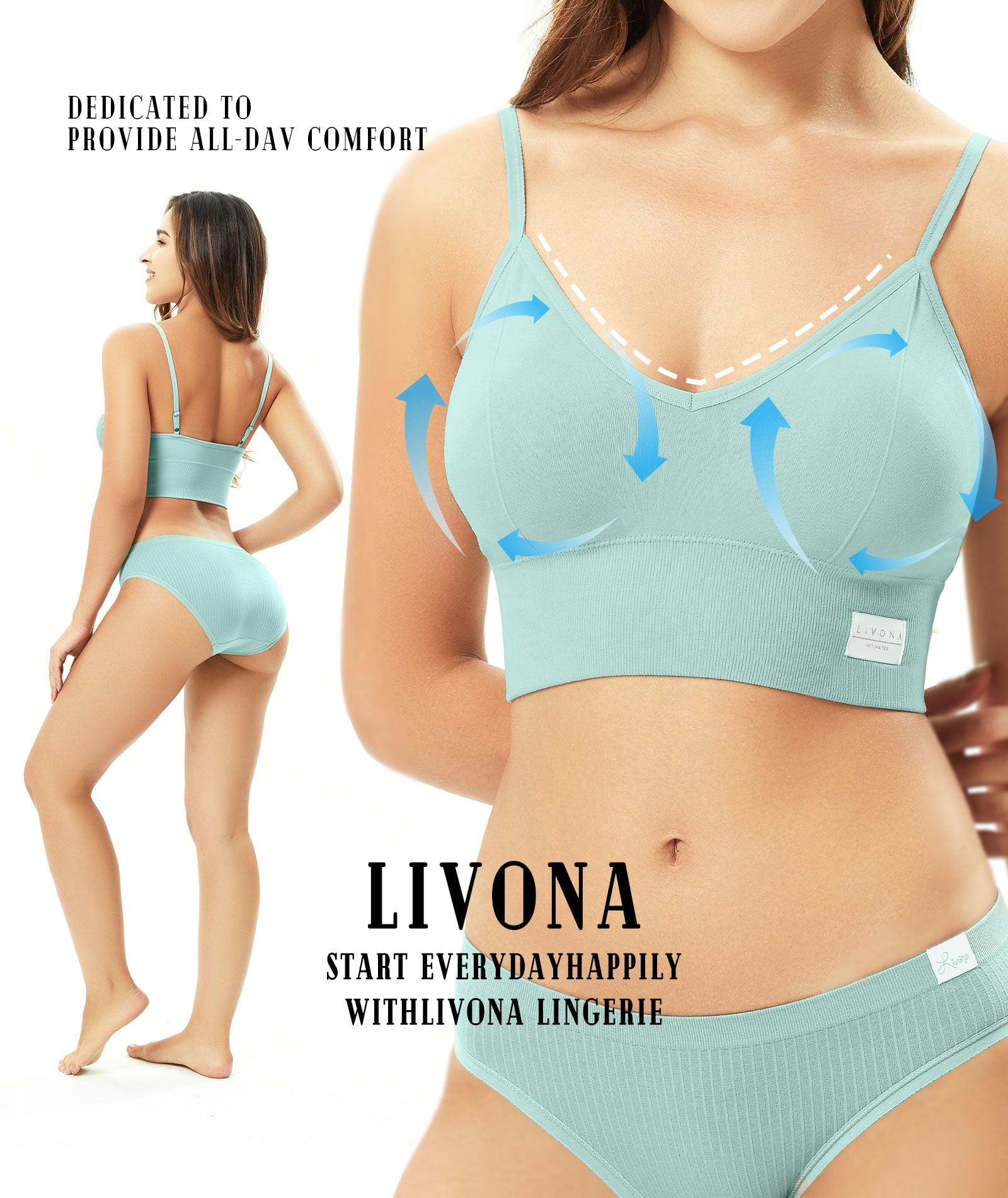 LIVONA 3 Pack Women's Seamless Sports Bra V-Neck Wirefree with Removable Pads Everyday Soft Invisible Lounge Cami Bralette S-XXL