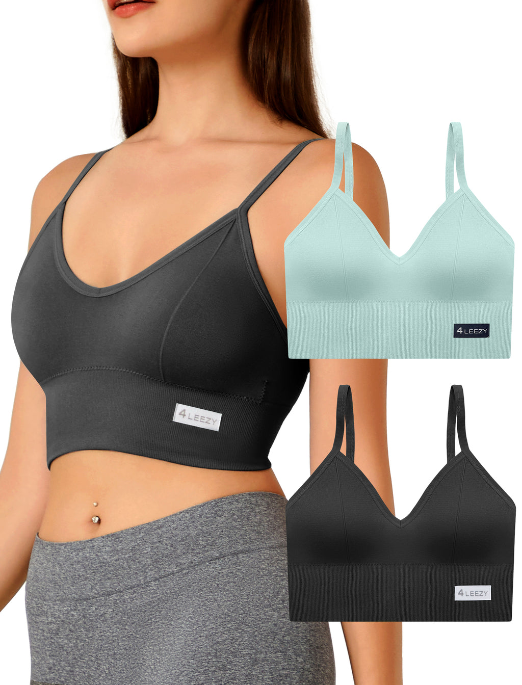 4Leezy 2 Pack Sports Bras for Women- Wireless Soft Workout Tops, Padded Seamless Fitness Bralettes, Adjustable Comfort Crop Cami Tank S-XXL