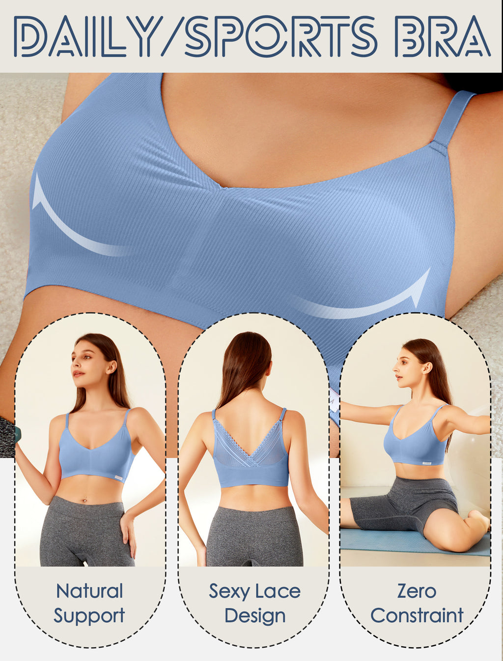 Livona Wireless Bras for Women - 2 Pack Comfort Bralettes with Support Adjustable Seamless Sports Bras Lace Cami Crop S-XXL