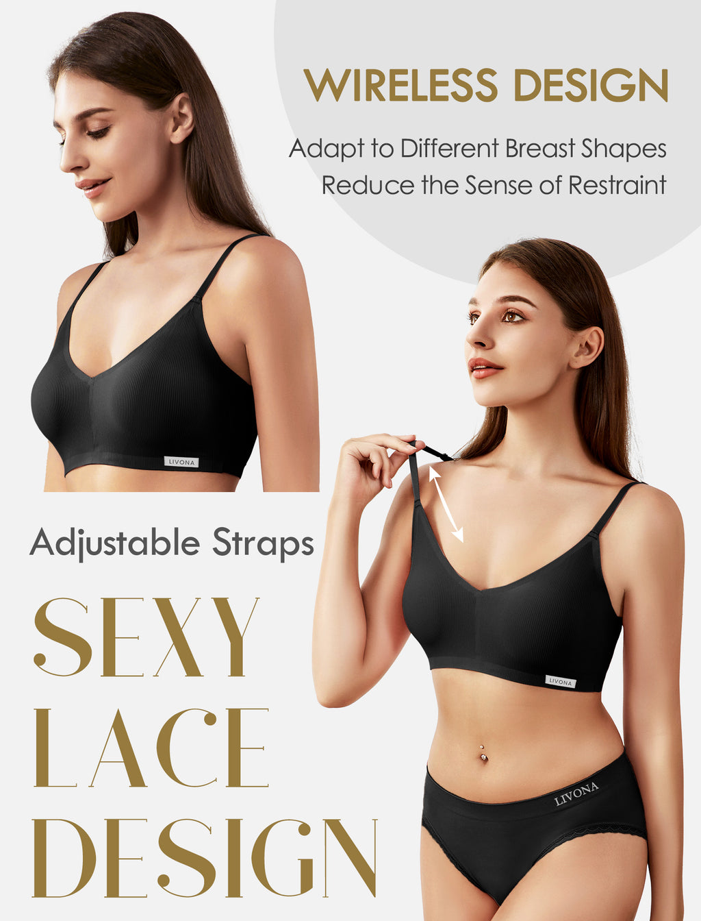 Livona Wireless Bras for Women - 2 Pack Comfort Bralettes with Support Adjustable Seamless Sports Bras Lace Cami Crop S-XXL