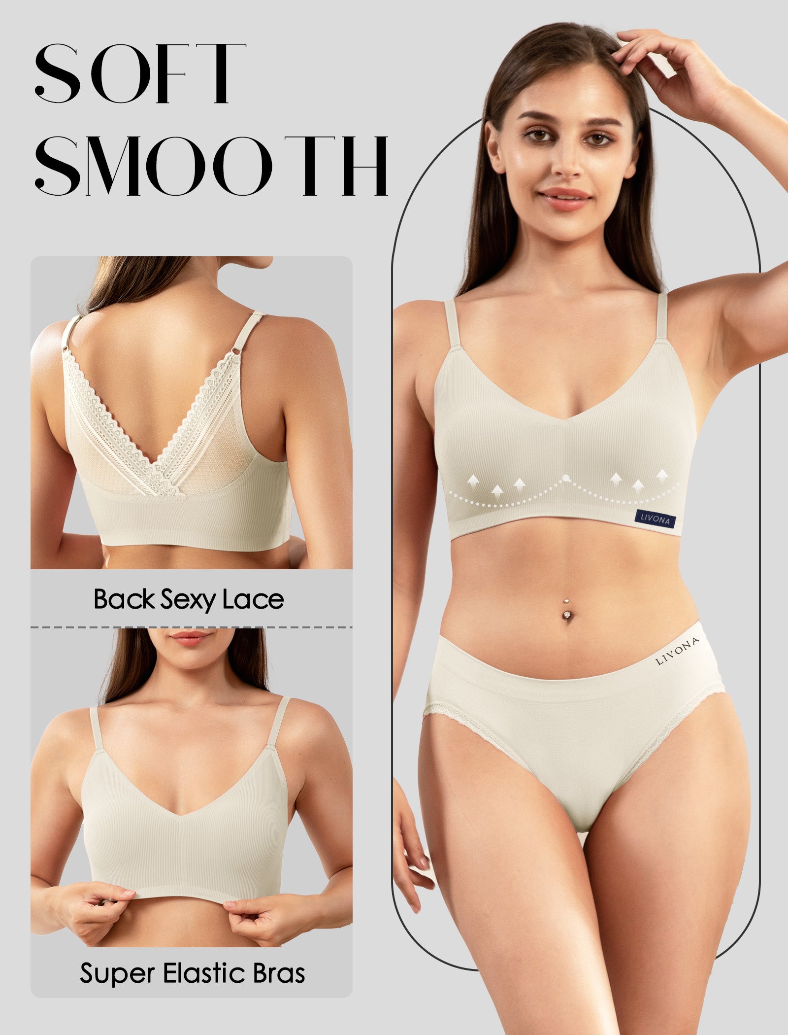 Livona Wireless Bras for Women - 2 Pack Comfort Bralettes with Support Adjustable Seamless Sports Bras Lace Cami Crop S-XXL