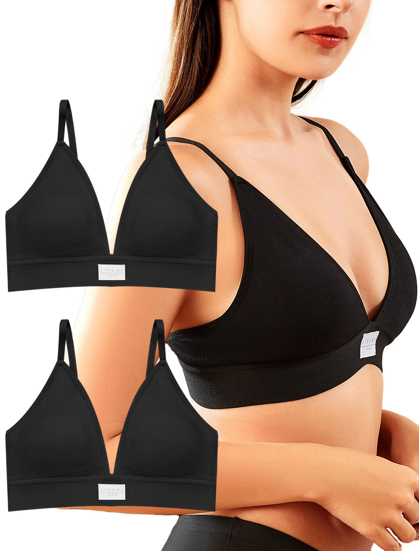 Livona Sports Bras for Women - 2 Pack V-Neck Wireless Bra Bralettes with Support Comfort Plunge Workout Tops Padded Fitness Cami Crop Tank S-XXL