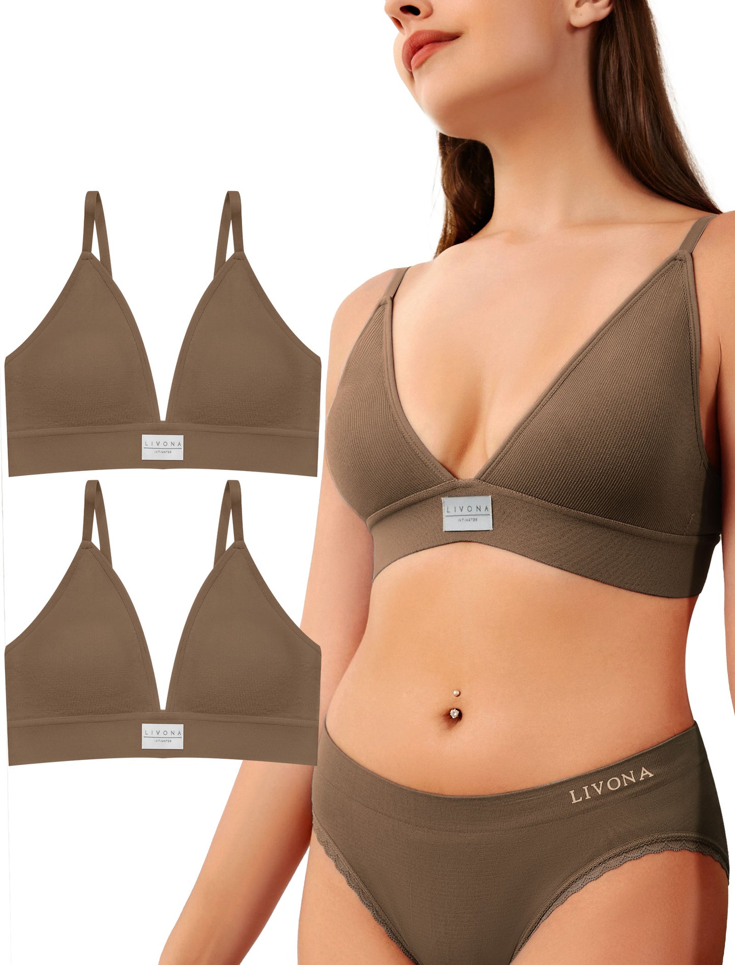Livona Sports Bras for Women - 2 Pack V-Neck Wireless Bra Bralettes with Support Comfort Plunge Workout Tops Padded Fitness Cami Crop Tank S-XXL