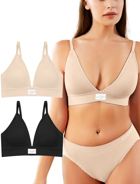 Livona Sports Bras for Women - 2 Pack V-Neck Wireless Bra Bralettes with Support Comfort Plunge Workout Tops Padded Fitness Cami Crop Tank S-XXL