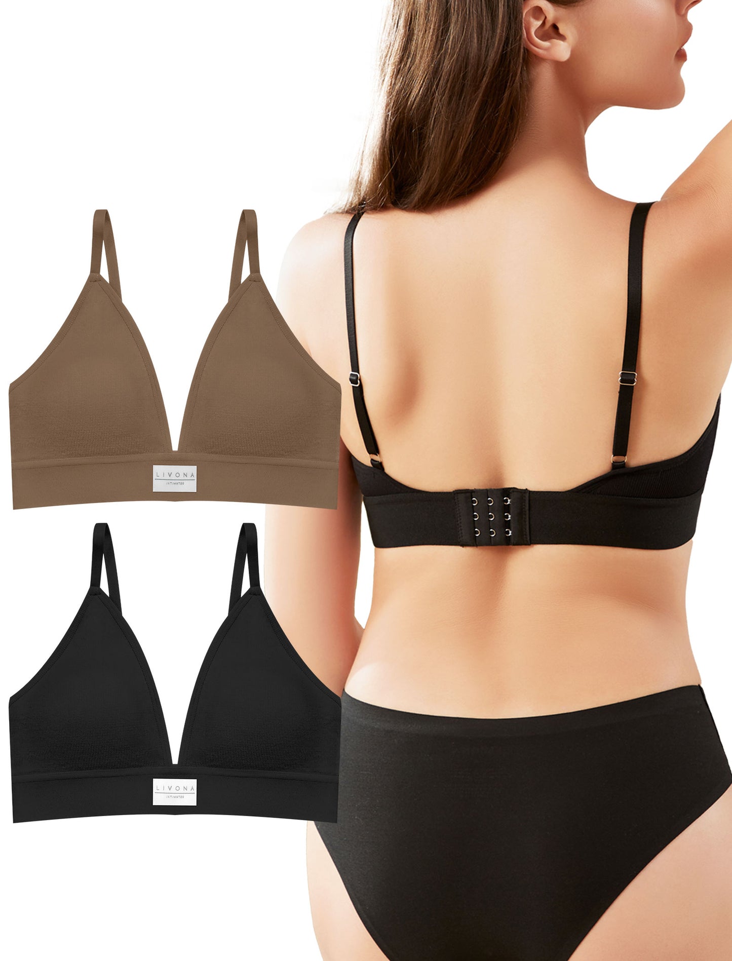 Livona Sports Bras for Women - 2 Pack V-Neck Wireless Bra Bralettes with Support Comfort Plunge Workout Tops Padded Fitness Cami Crop Tank S-XXL