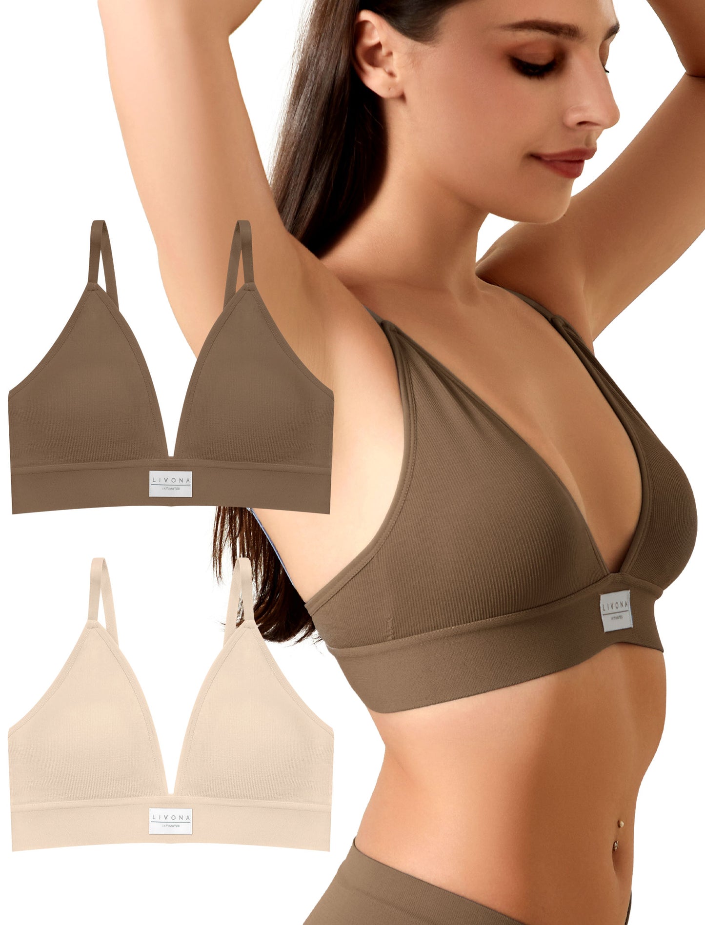 Livona Sports Bras for Women - 2 Pack V-Neck Wireless Bra Bralettes with Support Comfort Plunge Workout Tops Padded Fitness Cami Crop Tank S-XXL