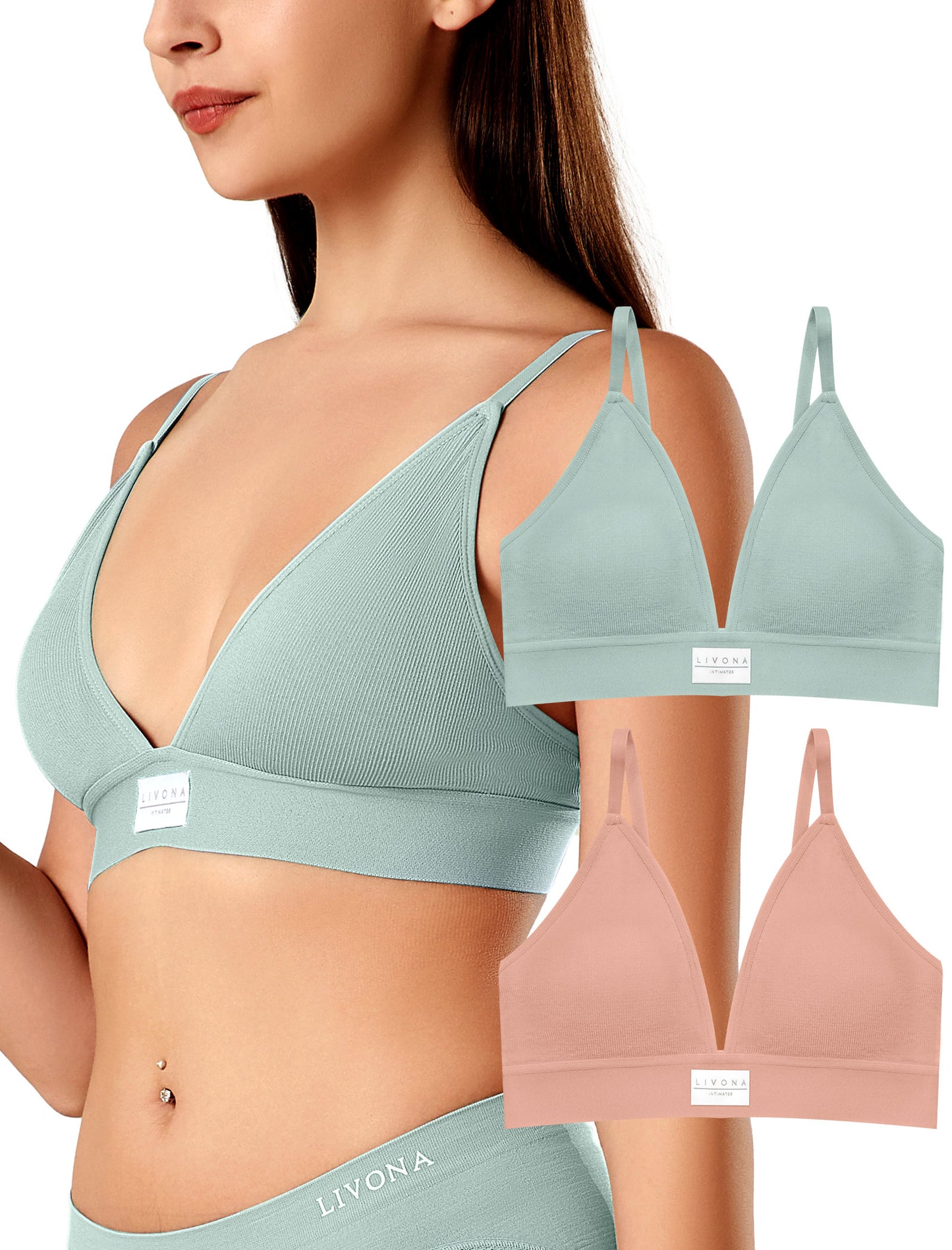 Livona Sports Bras for Women - 2 Pack V-Neck Wireless Bra Bralettes with Support Comfort Plunge Workout Tops Padded Fitness Cami Crop Tank S-XXL