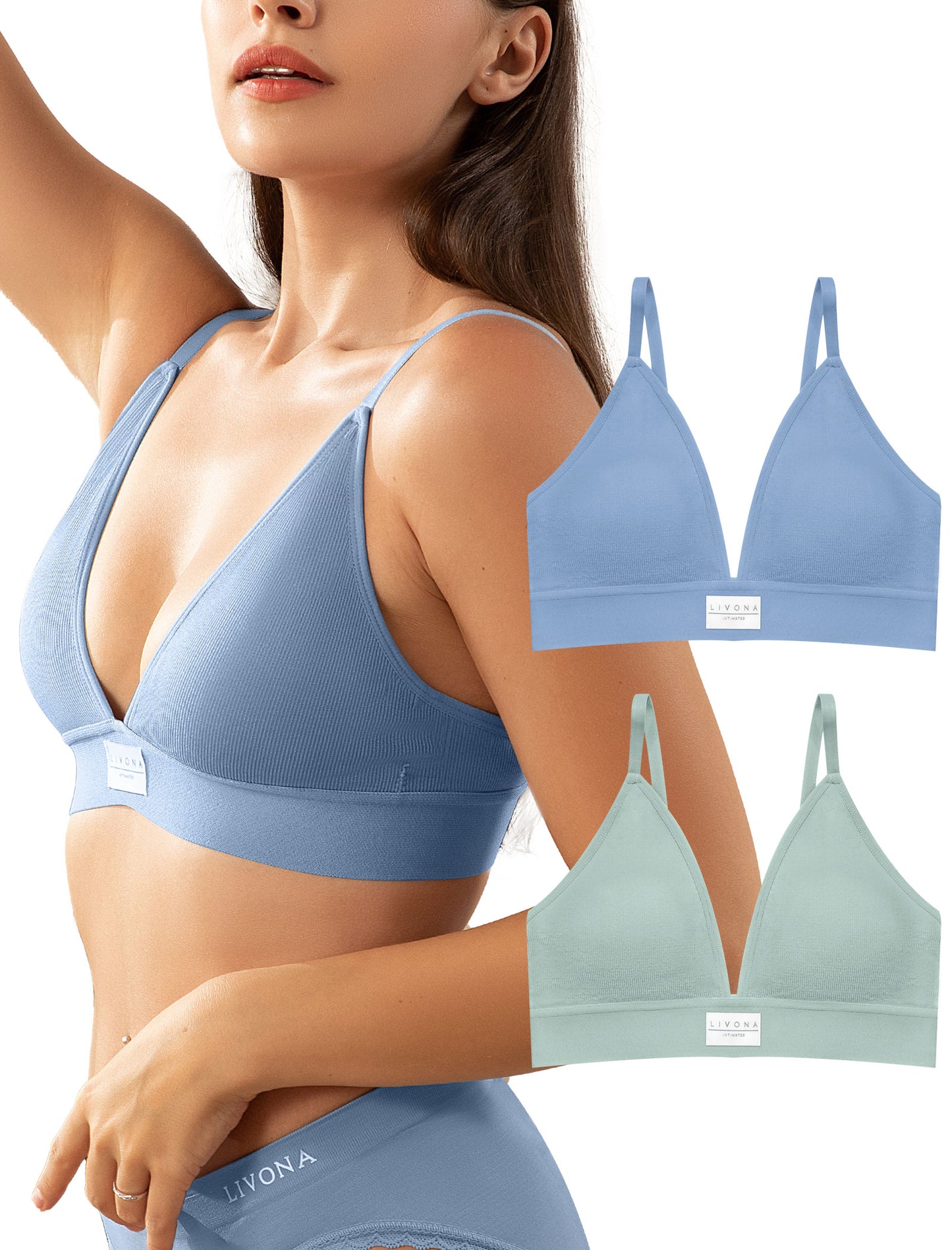 Livona Sports Bras for Women - 2 Pack V-Neck Wireless Bra Bralettes with Support Comfort Plunge Workout Tops Padded Fitness Cami Crop Tank S-XXL
