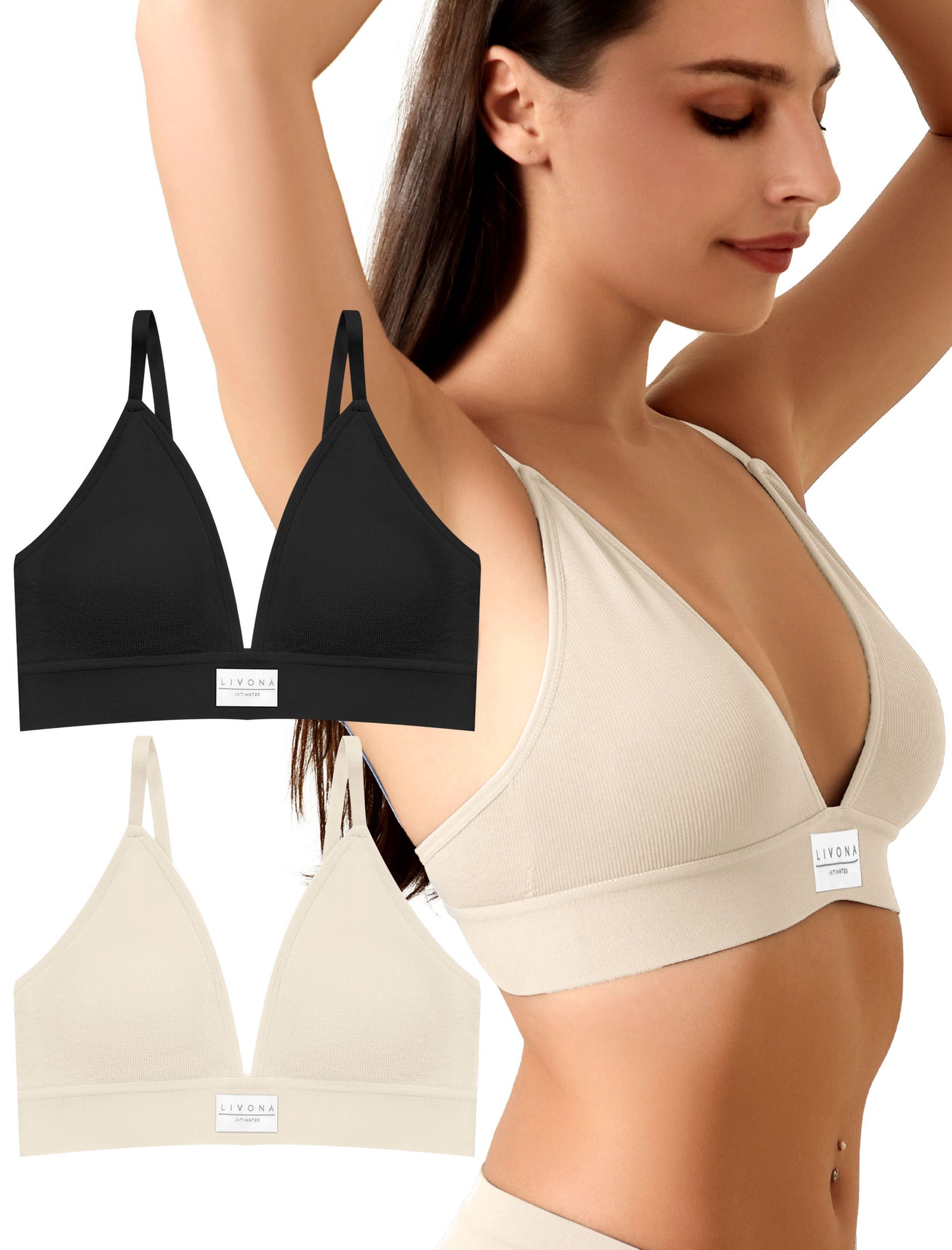 Livona Sports Bras for Women - 2 Pack V-Neck Wireless Bra Bralettes with Support Comfort Plunge Workout Tops Padded Fitness Cami Crop Tank S-XXL