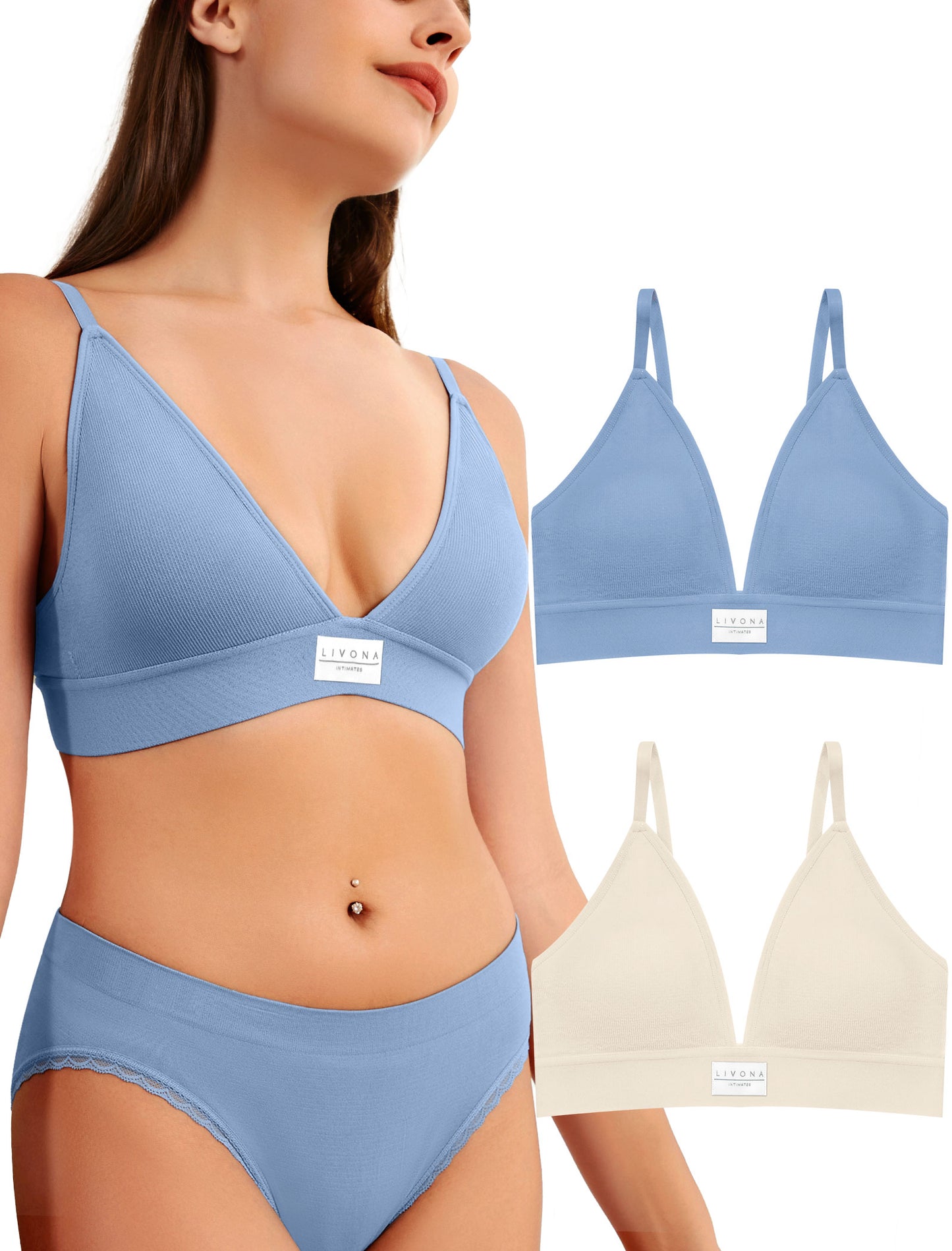 Livona Sports Bras for Women - 2 Pack V-Neck Wireless Bra Bralettes with Support Comfort Plunge Workout Tops Padded Fitness Cami Crop Tank S-XXL