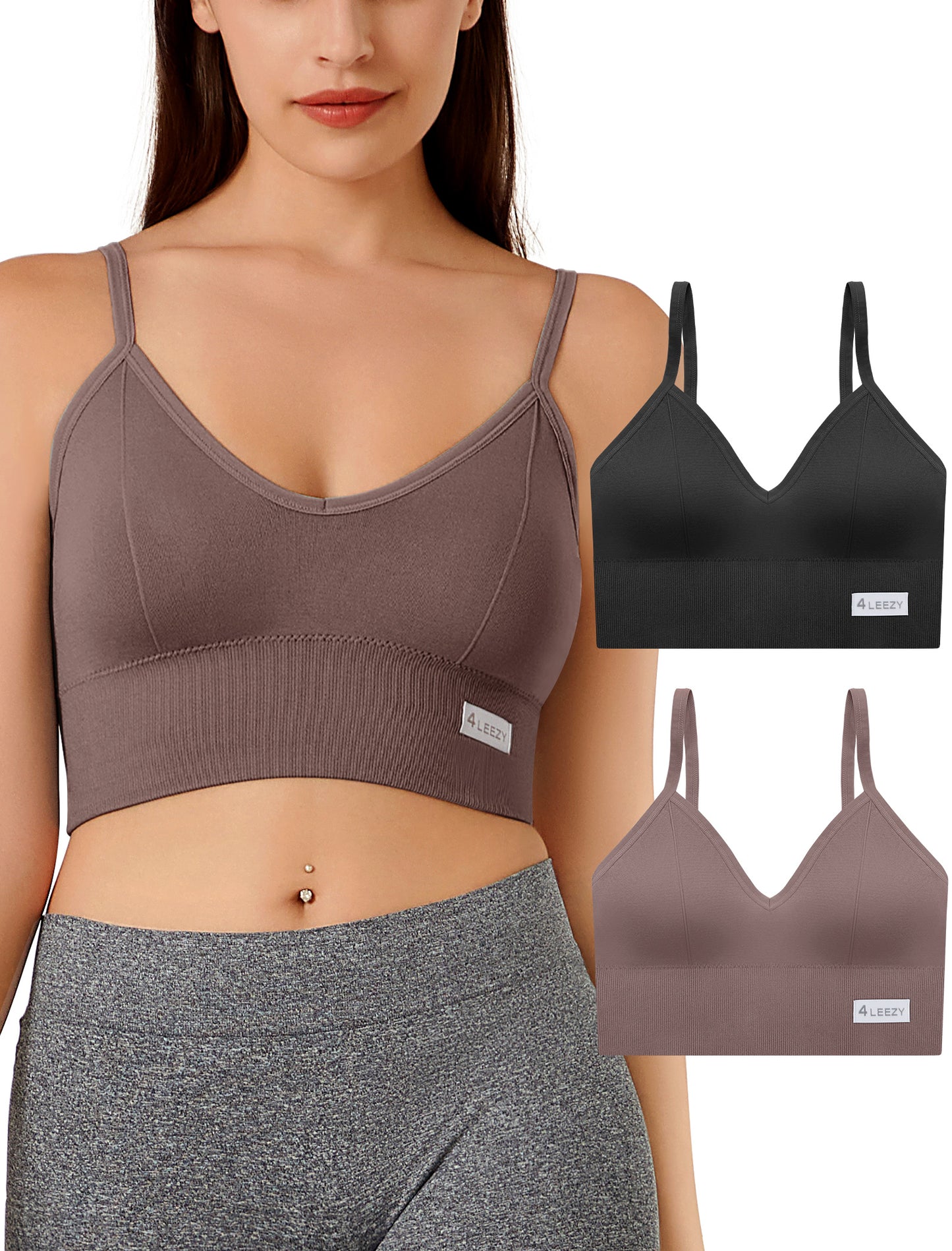 4Leezy 2 Pack Sports Bras for Women- Wireless Soft Workout Tops, Padded Seamless Fitness Bralettes, Adjustable Comfort Crop Cami Tank S-XXL
