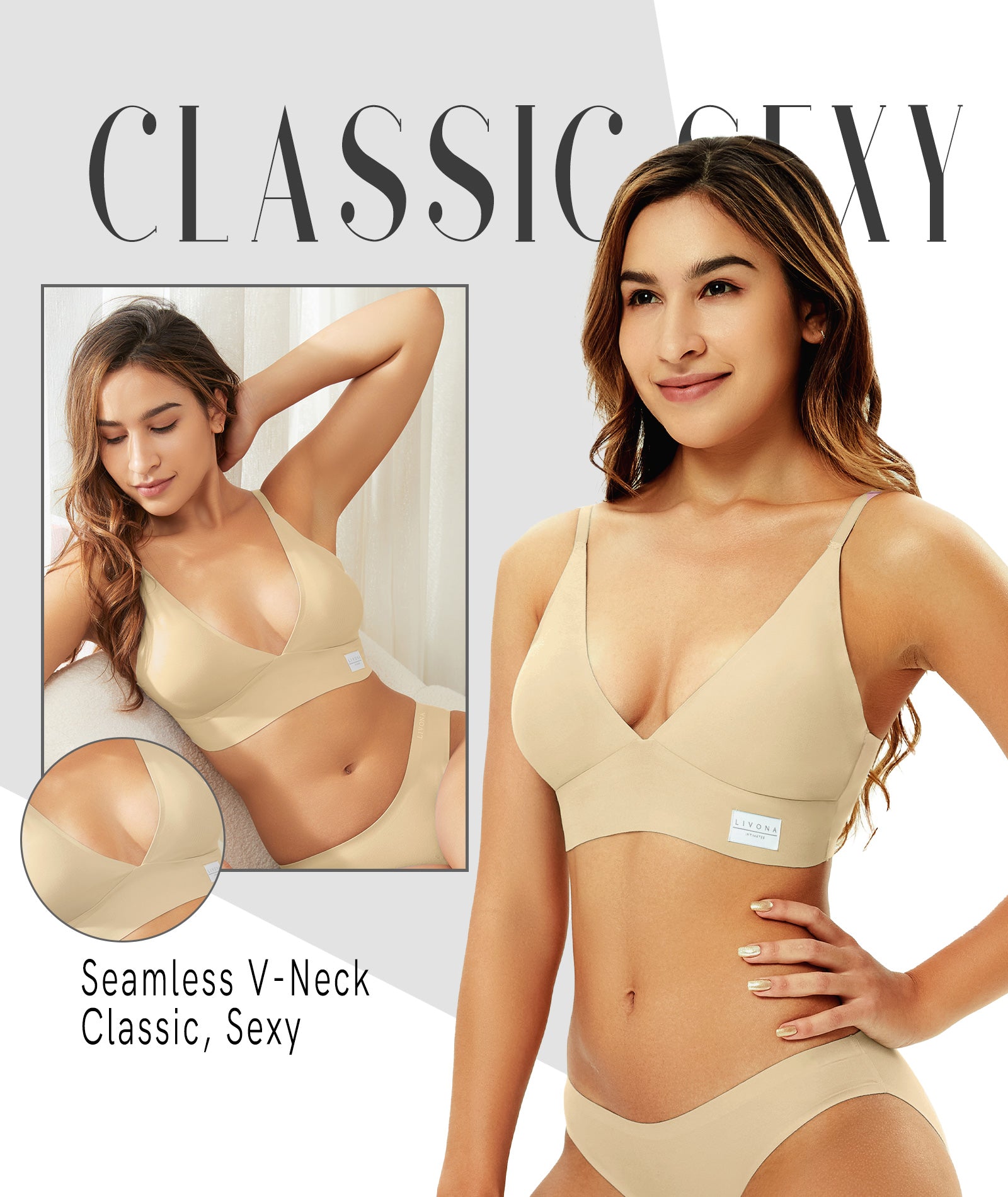 Livona 3 Pack Women's Seamless Sports Bra Vneck Wirefree with Removable Pads Everyday Soft Invisible Lounge Cami Bralette S-XXL