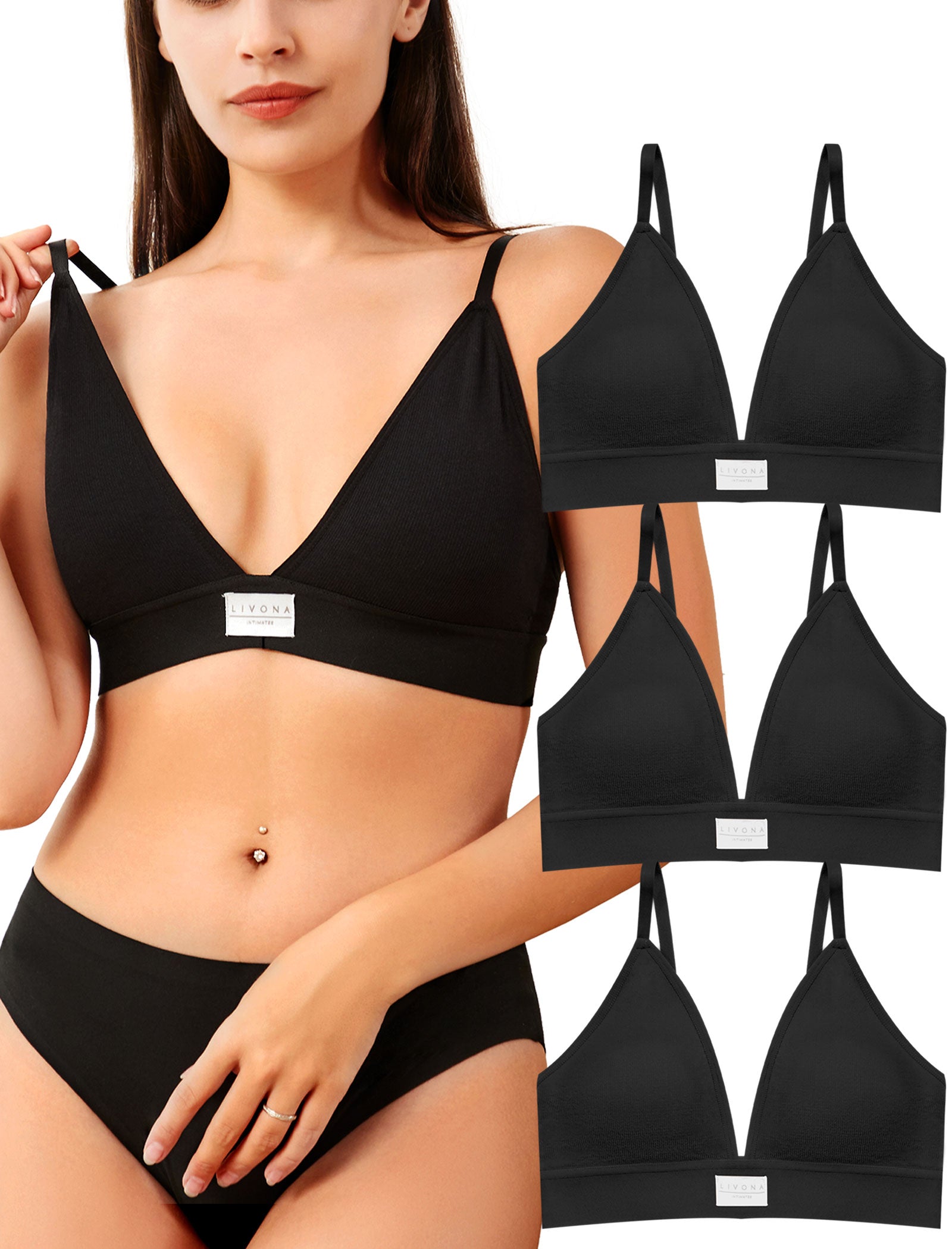 Livona 3 Pack Sports Bras for Women - V-Neck Wireless Bralettes with Support Comfort Plunge Padded Fitness Cami Crop S-XXL