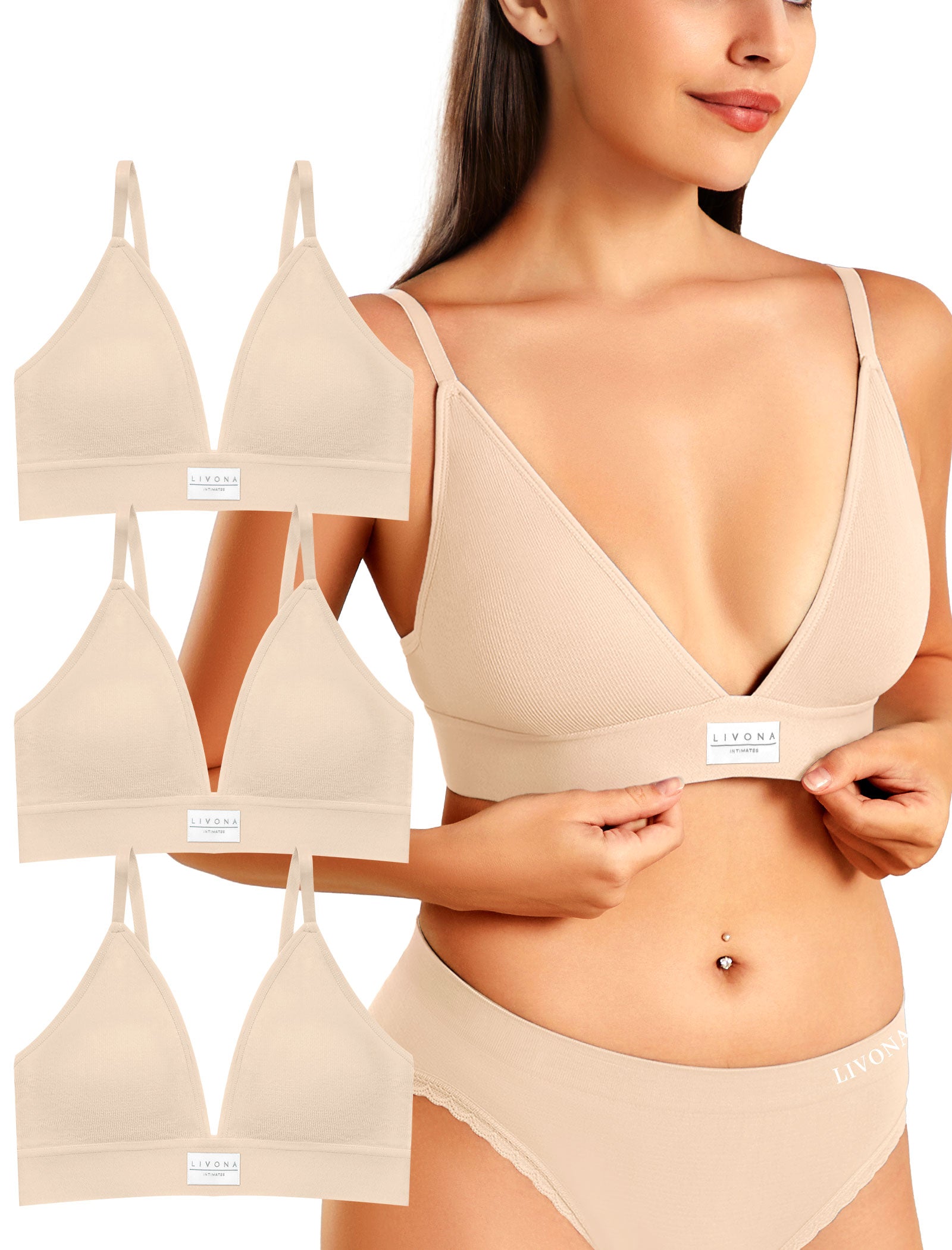 Livona 3 Pack Sports Bras for Women - V-Neck Wireless Bralettes with Support Comfort Plunge Padded Fitness Cami Crop S-XXL