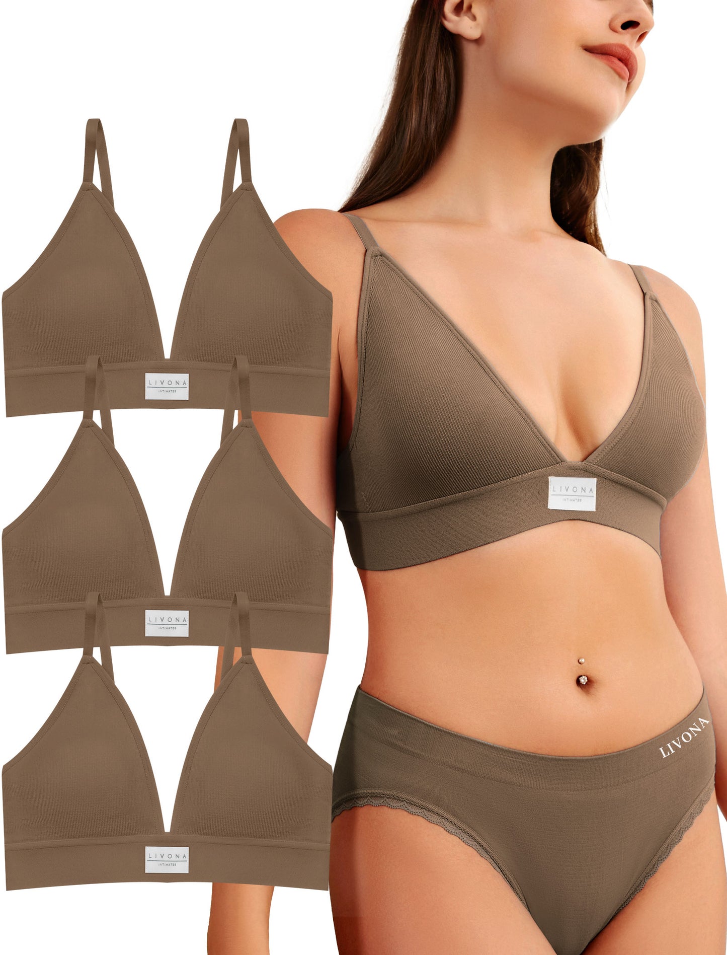 Livona 3 Pack Sports Bras for Women - V-Neck Wireless Bralettes with Support Comfort Plunge Padded Fitness Cami Crop S-XXL