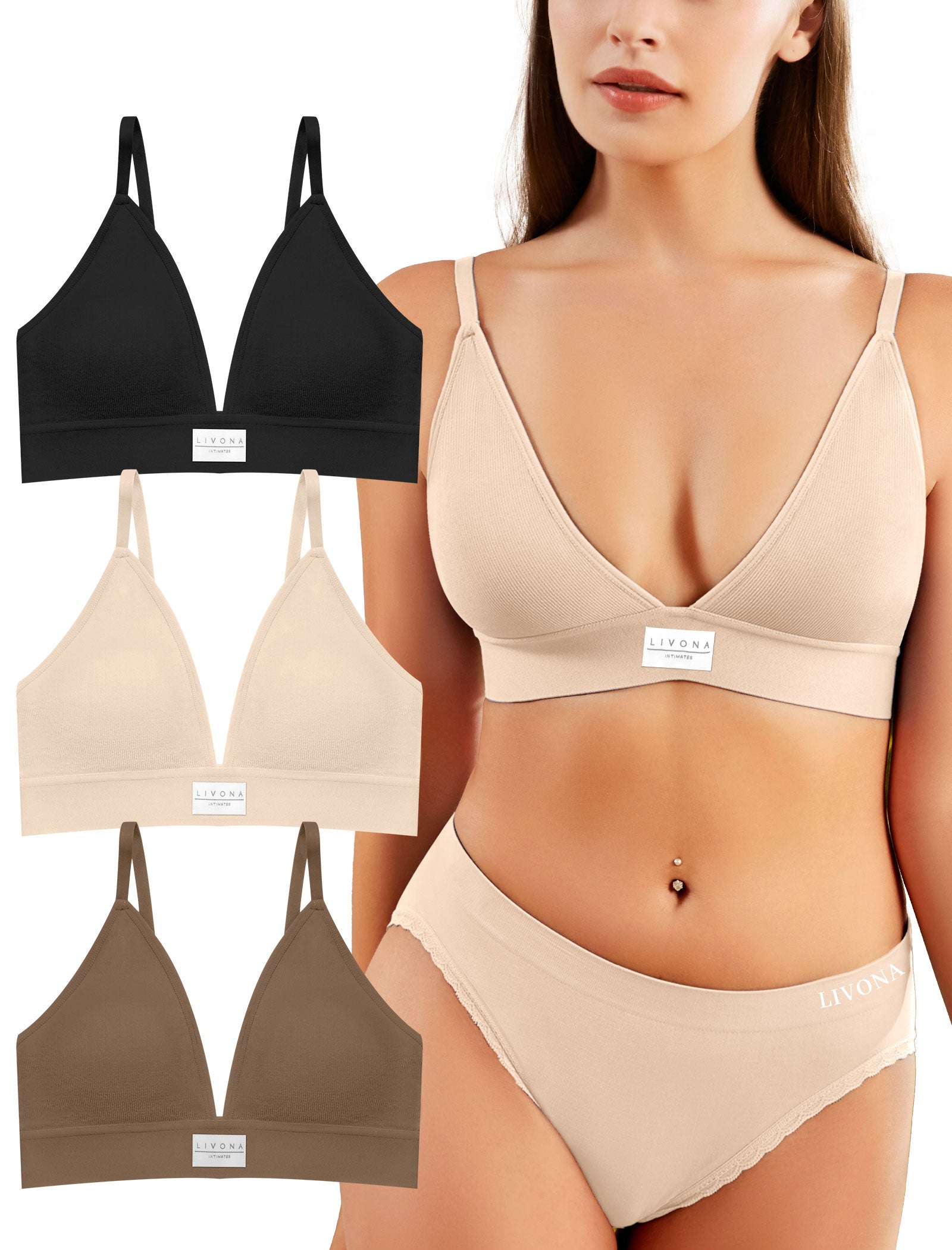 Livona 3 Pack Sports Bras for Women - V-Neck Wireless Bralettes with Support Comfort Plunge Padded Fitness Cami Crop S-XXL