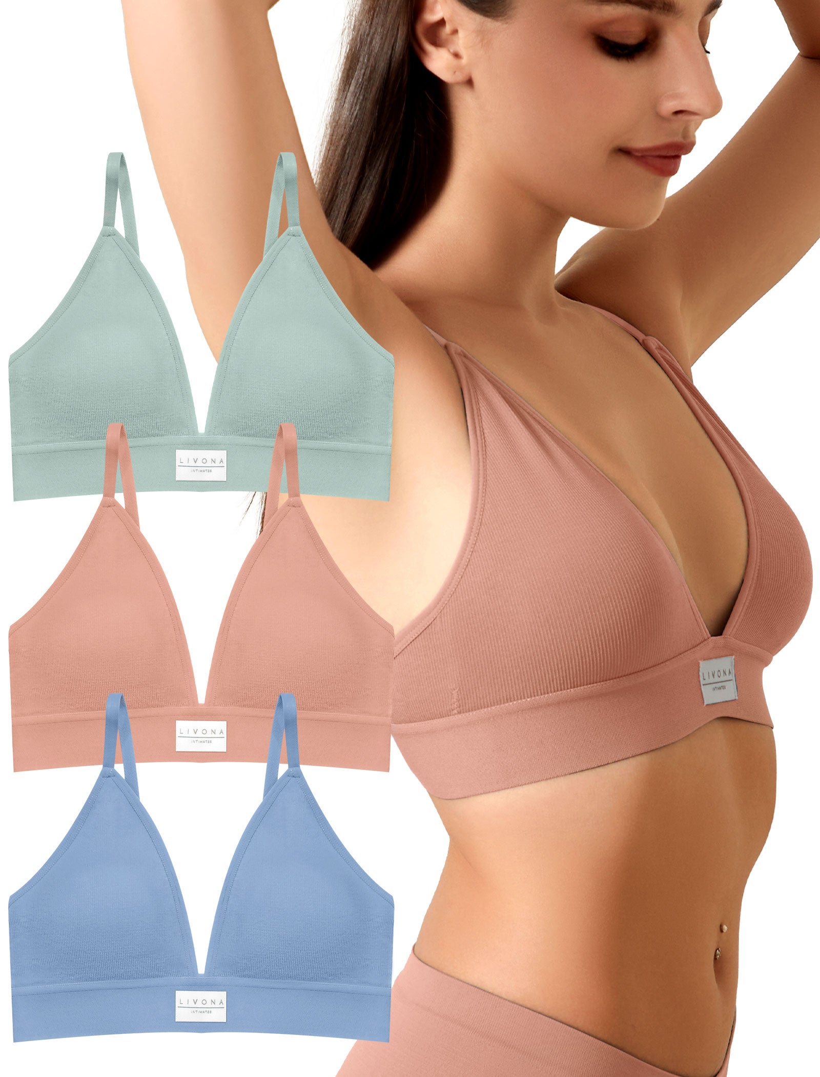 Livona 3 Pack Sports Bras for Women - V-Neck Wireless Bralettes with Support Comfort Plunge Padded Fitness Cami Crop S-XXL