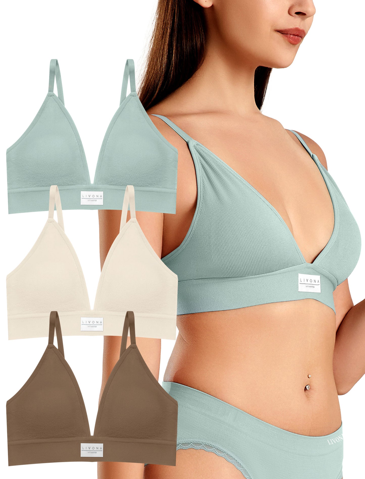 Livona 3 Pack Sports Bras for Women - V-Neck Wireless Bralettes with Support Comfort Plunge Padded Fitness Cami Crop S-XXL