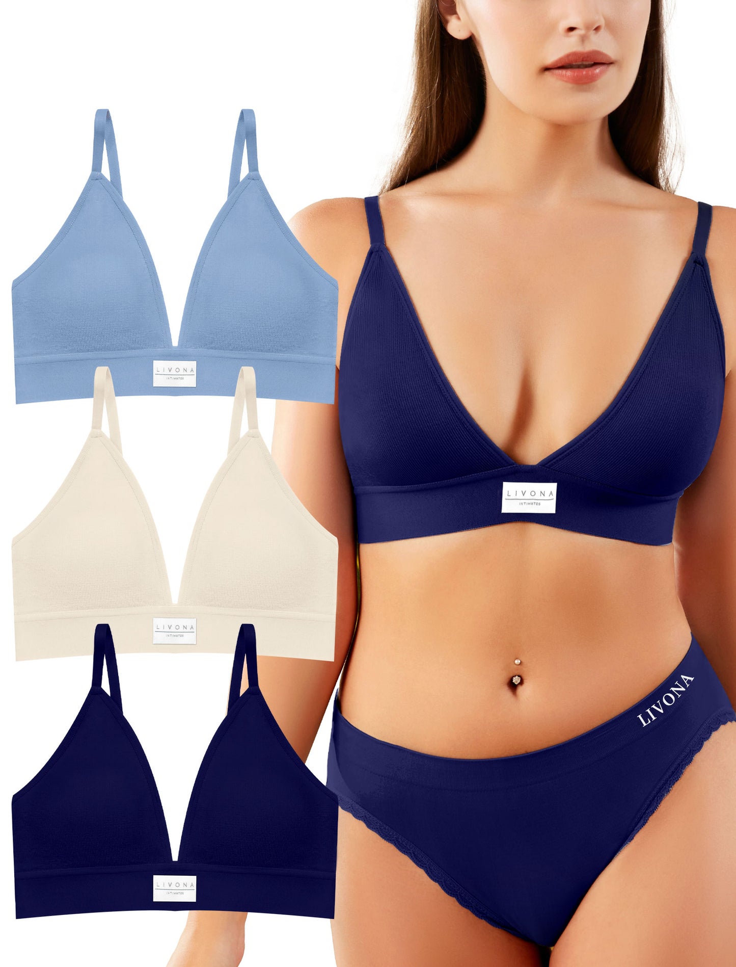 Livona 3 Pack Sports Bras for Women - V-Neck Wireless Bralettes with Support Comfort Plunge Padded Fitness Cami Crop S-XXL