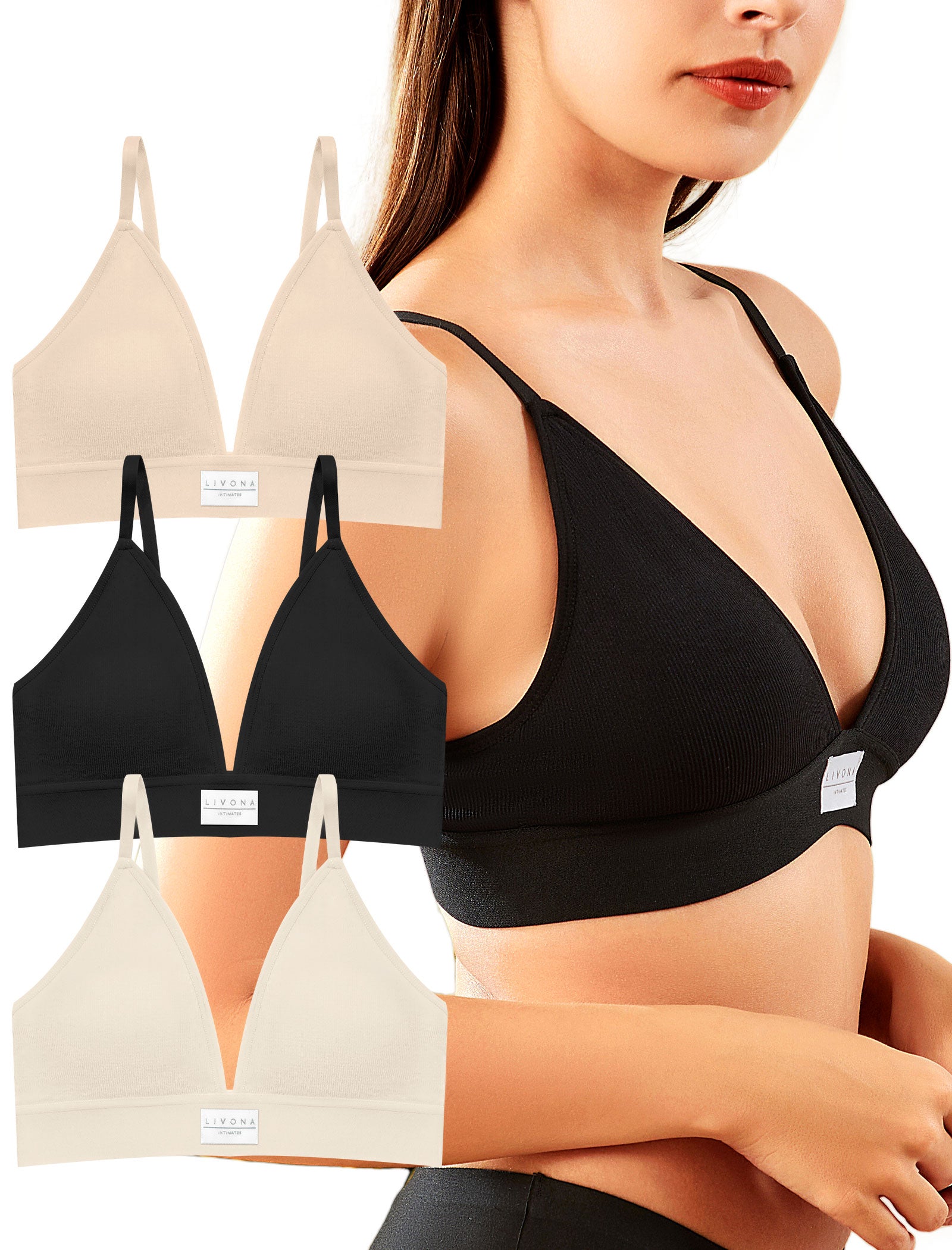 Livona 3 Pack Sports Bras for Women - V-Neck Wireless Bralettes with Support Comfort Plunge Padded Fitness Cami Crop S-XXL