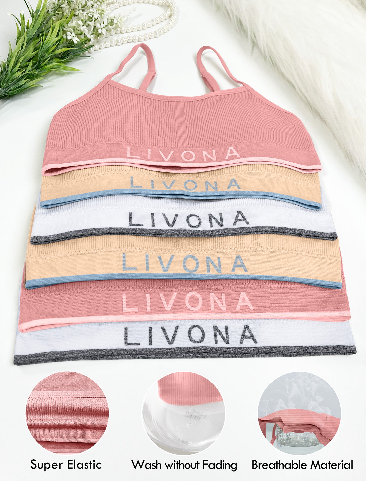 Livona 6 Pack Training Bras for Girls-Sports Bra for Teen Ribbed Wireless Bralette Fitness Padded Crop Cami Tank Top(6-14)