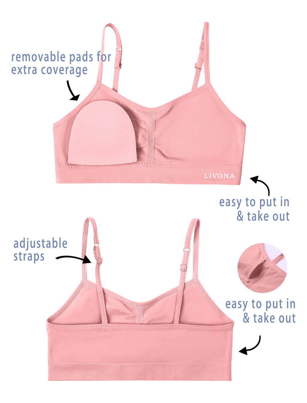 Livona 6 Pack Popular Girls Padded Training Bra Pack – Crop Cami Training Bras for Girls,Seamless Bra Design with Removable Padding